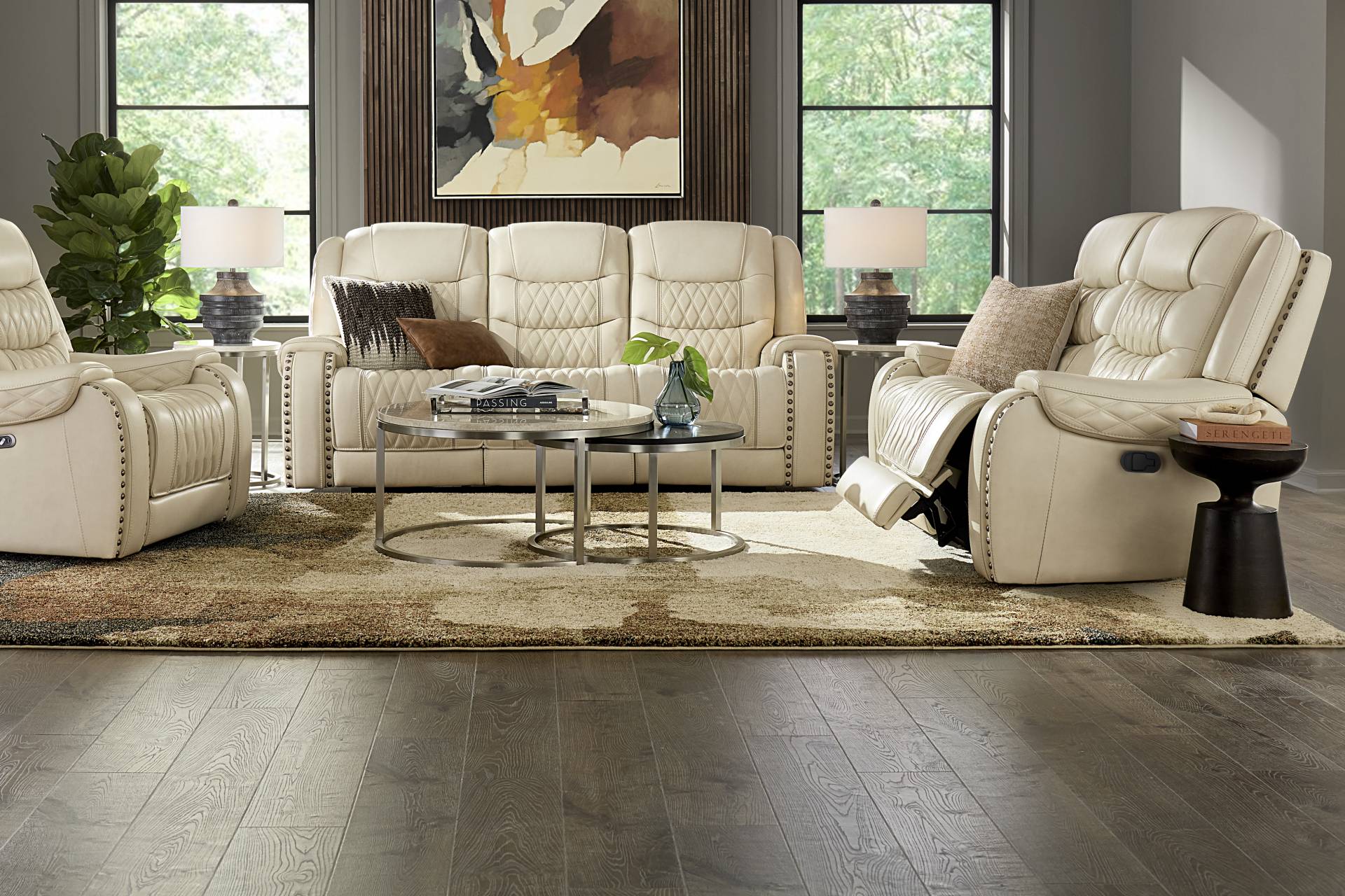 Marquee Cream 2 Pc Leather Triple Power Living Room with Reclining Loveseat full room