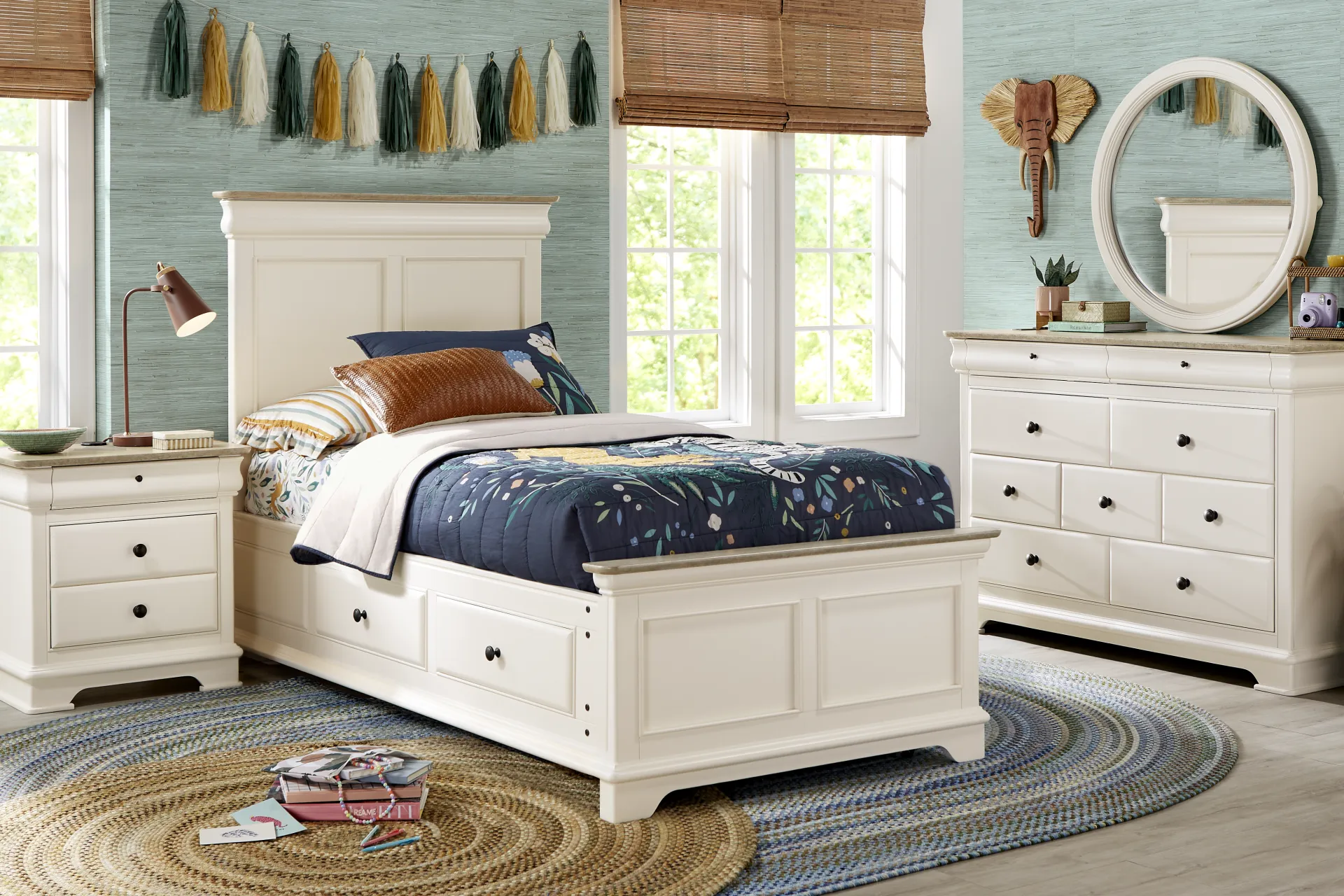 Kids Oberon Cream Twin Panel Bed with Storage Side Rails - Image 1