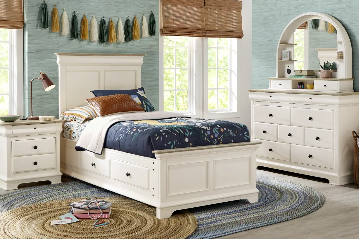 Kids Oberon Cream Twin Panel Bedroom with Storage Side Rails