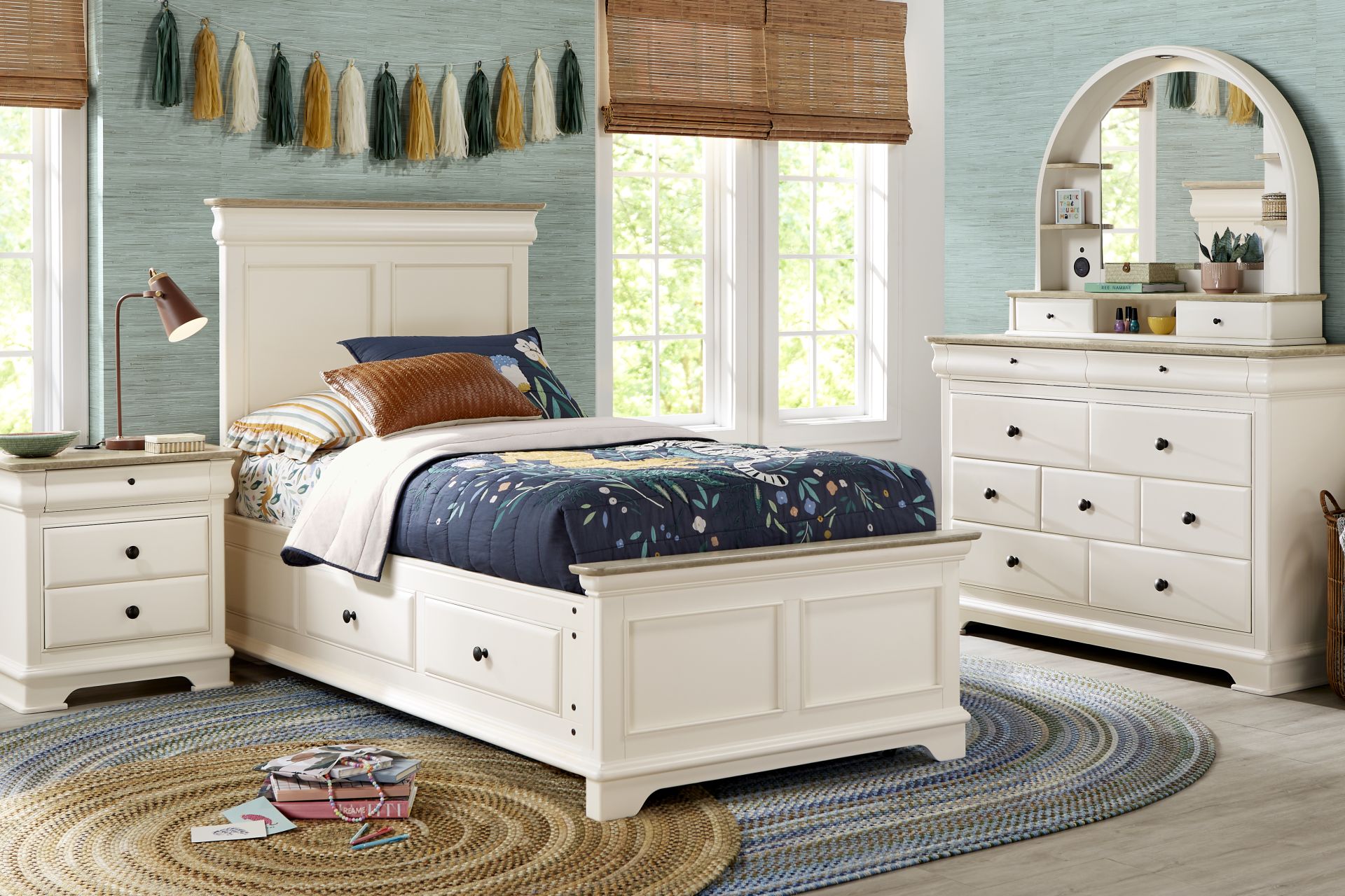Kids Oberon Cream Twin Panel Bedroom with Storage Side Rails - Image 1
