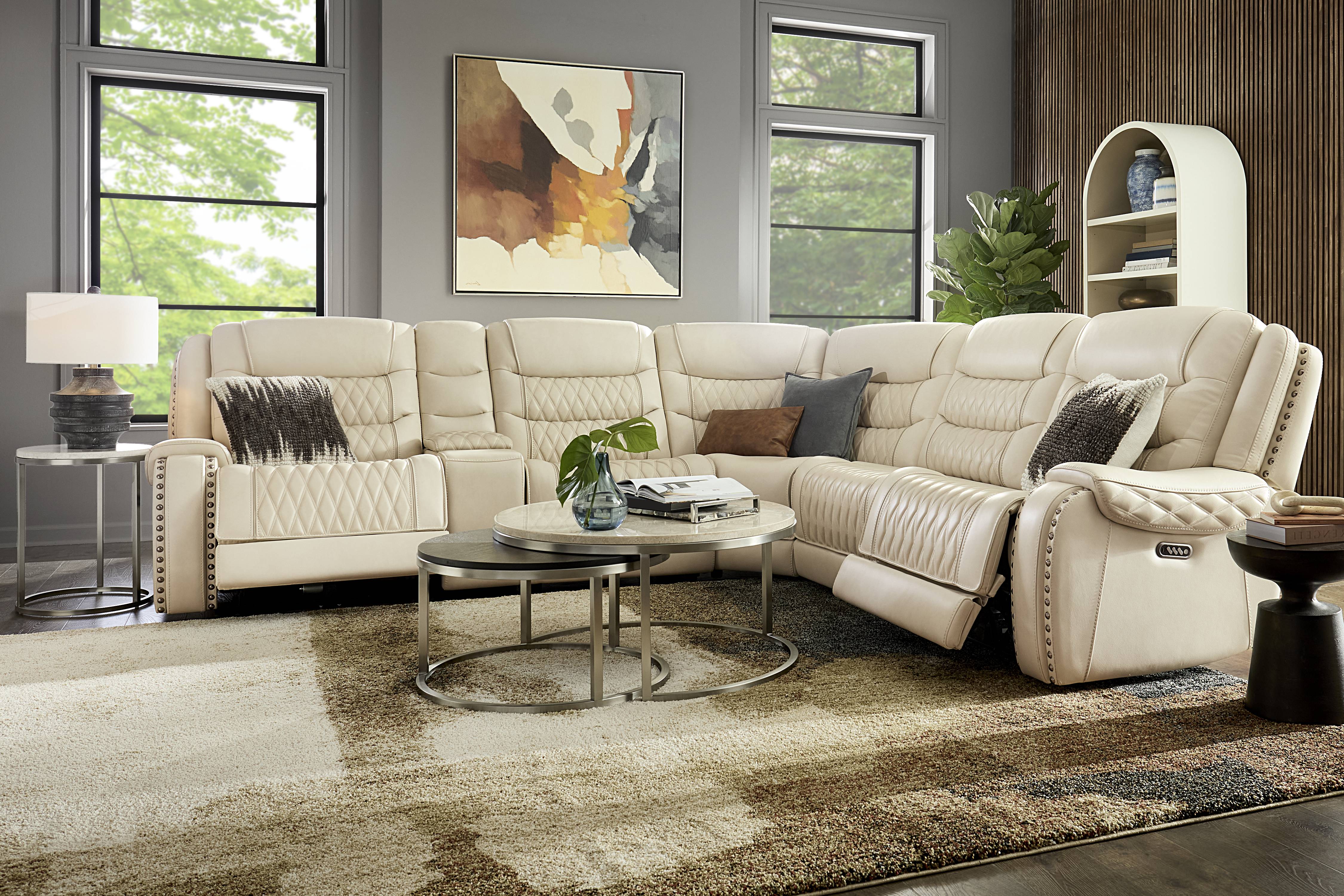 Marquee Cream Leather 6 Pc Triple Power Reclining Sectional - Thumbnail - Image 2