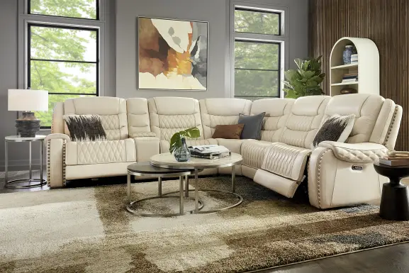 Marquee Cream Leather 6 Pc Triple Power Reclining Sectional