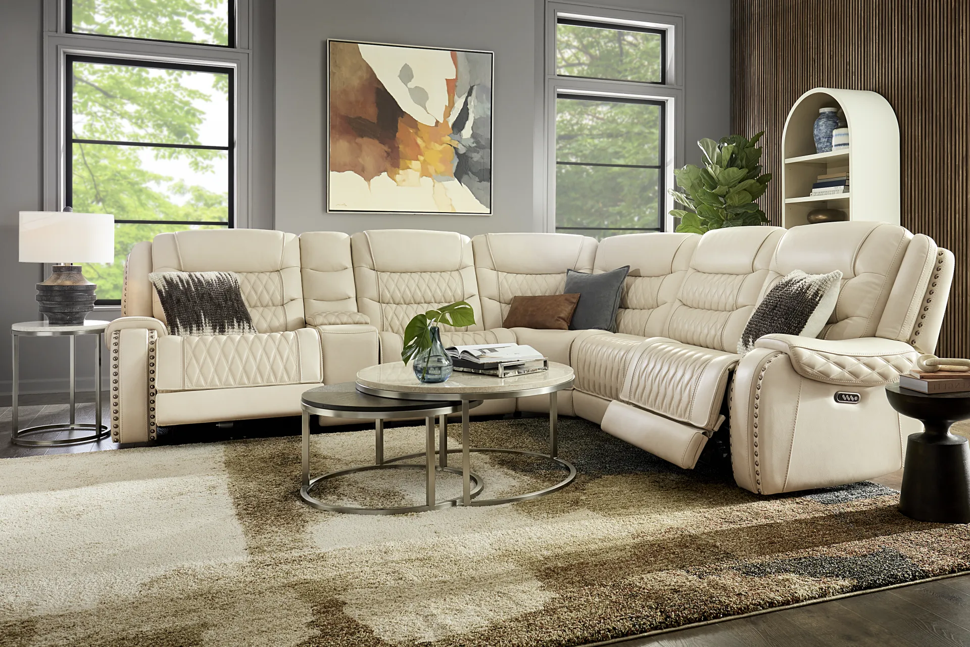 Marquee Cream Leather 6 Pc Triple Power Reclining Sectional - Image 1