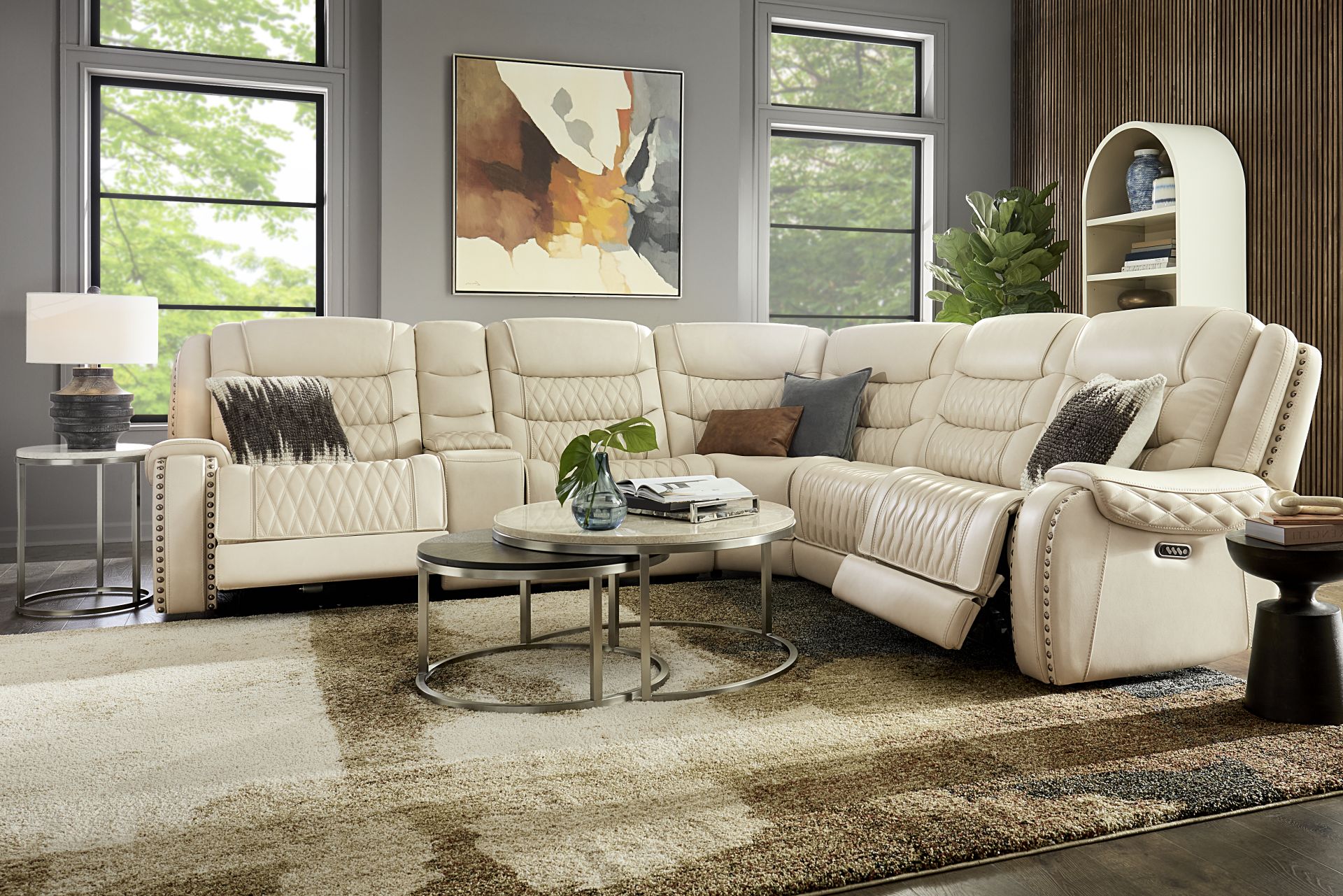 Marquee Cream 6 Pc Leather Triple Power Reclining Sectional - Image 2