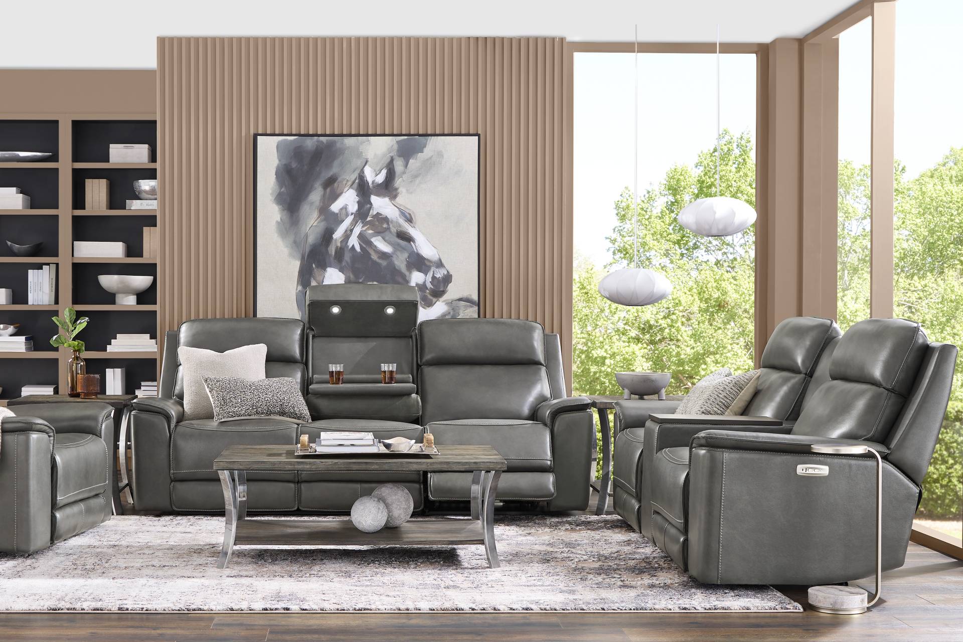 Magellan Smoke 5 Pc Leather Dual Power Reclining Living Room full room