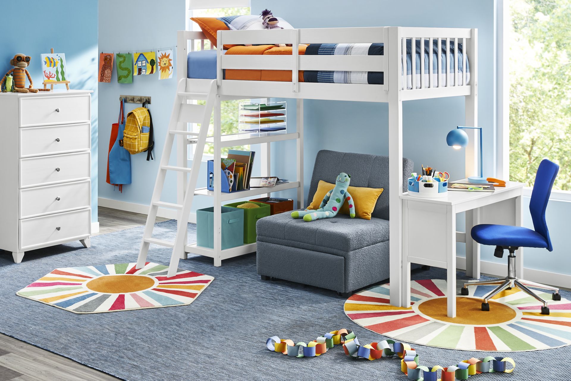 Kids Preston Place White Twin Loft Bedroom with Desk, Bookshelf & Chest - Image 1