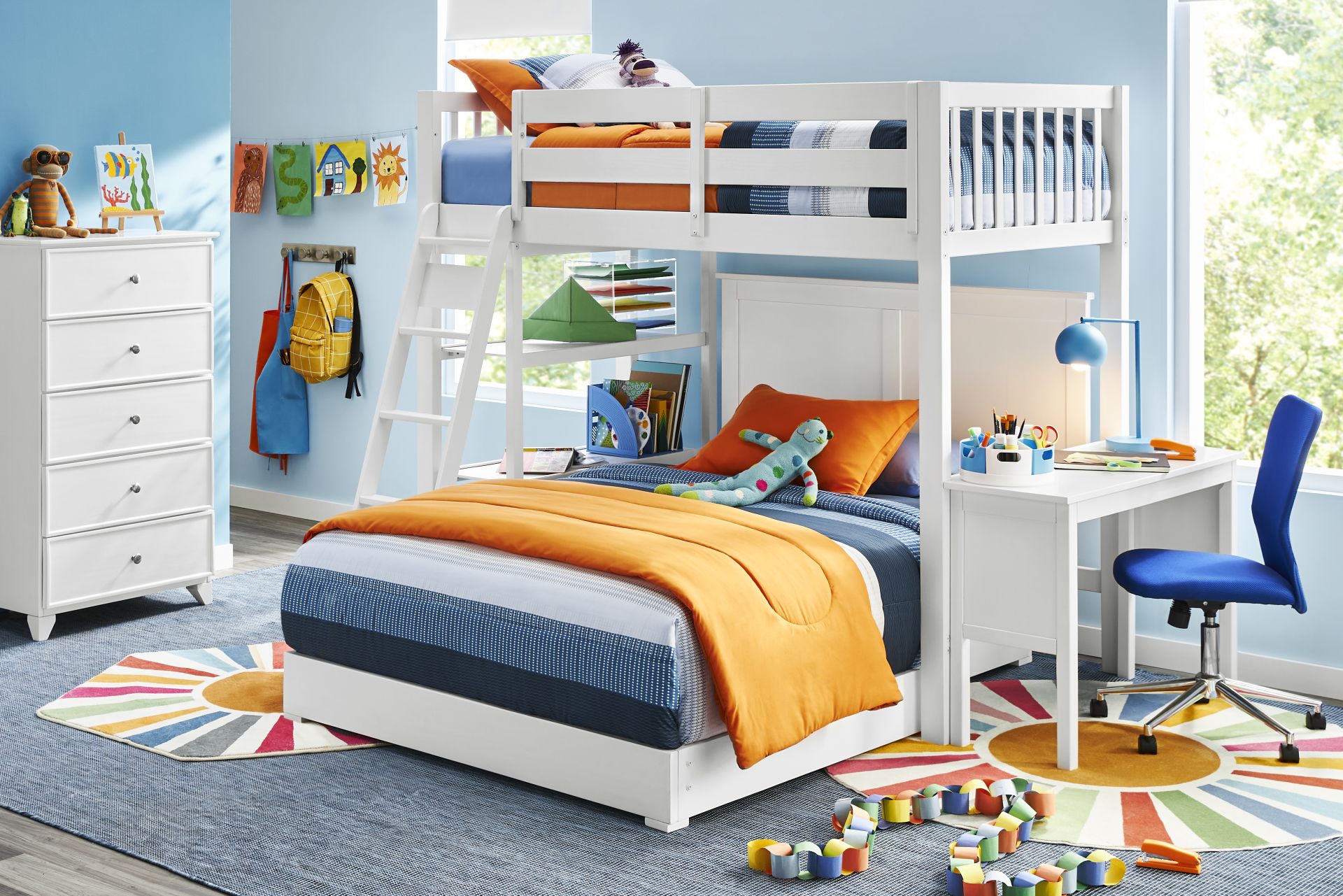 Kids Preston Place White Twin/Full Loft Bedroom with Chest, Desk & Bookshelf - Image 1