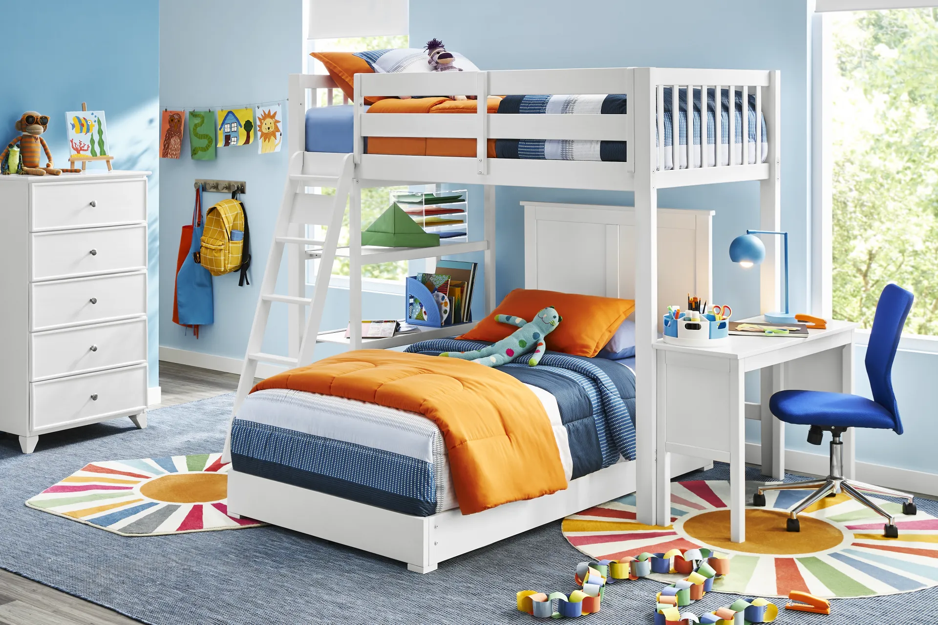 Kids Preston Place White Twin/Twin Loft Bedroom with Chest, Desk & Bookshelf - Image 1