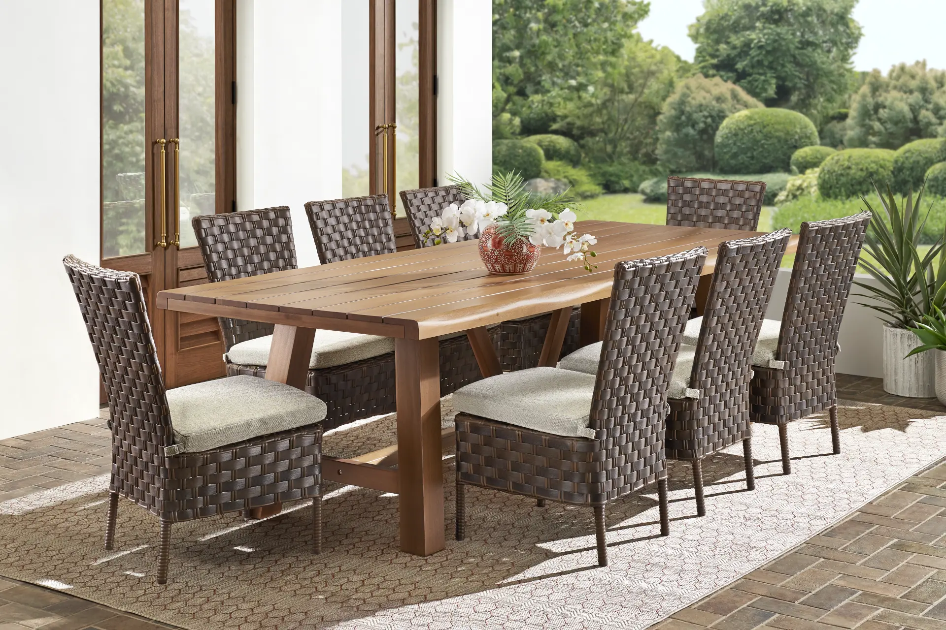 Mantra 9 Pc 102 in. Wood Outdoor Dining Set with Ash Cushions