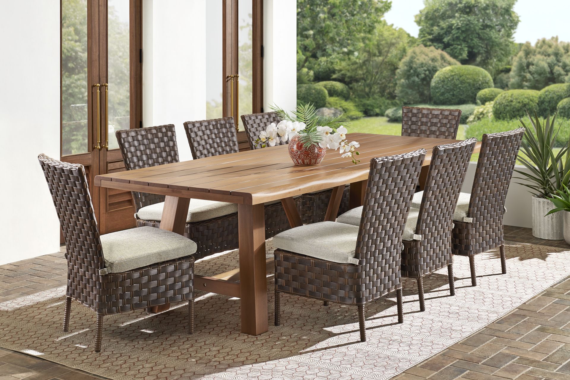Mantra Brown 9 Pc 102 in. Wood Outdoor Dining Set with Ash Cushions - Image 1