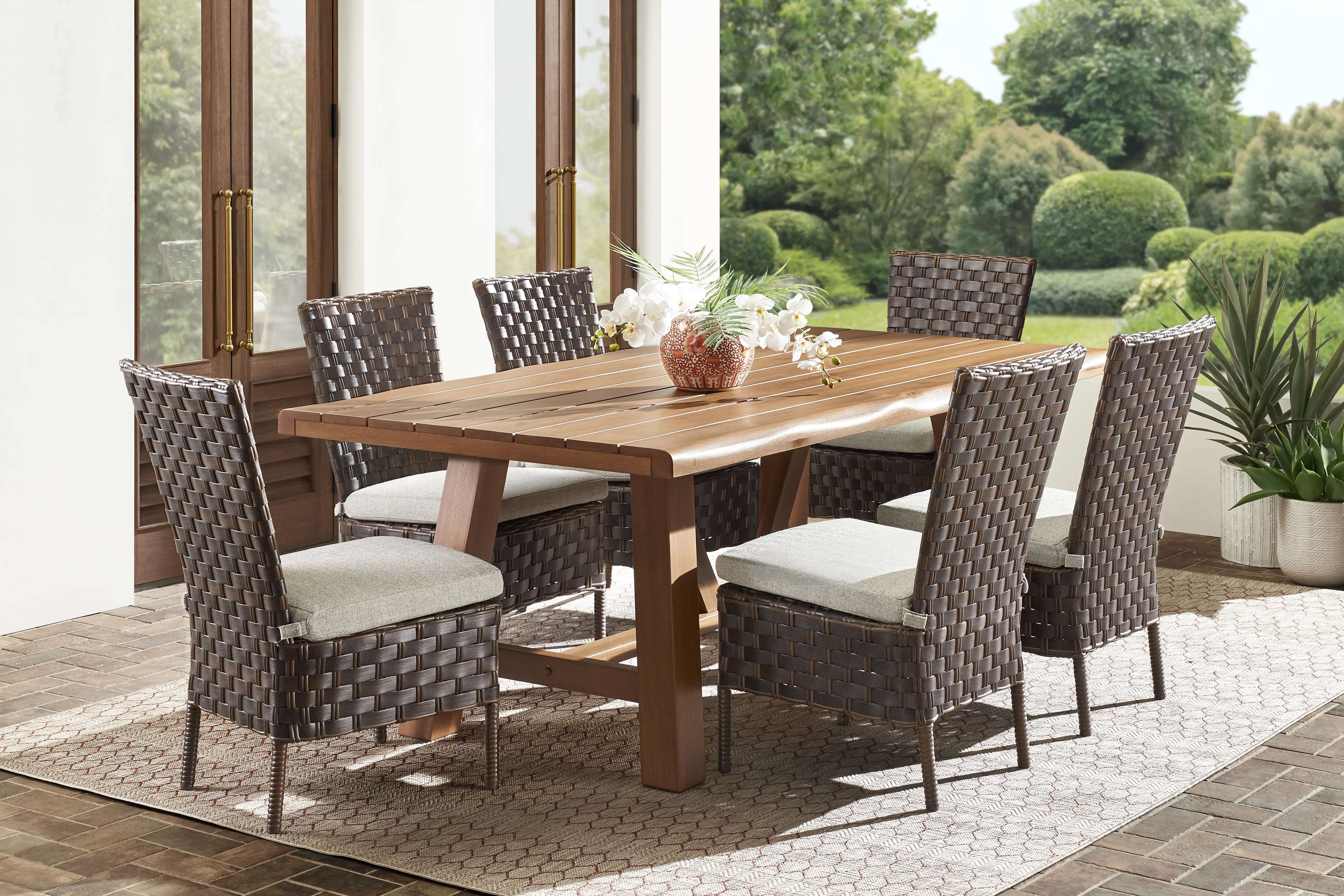 Mantra Brown 7 Pc 78 in. Wood Outdoor Dining Set with Ash Cushions - Thumbnail - Image 1