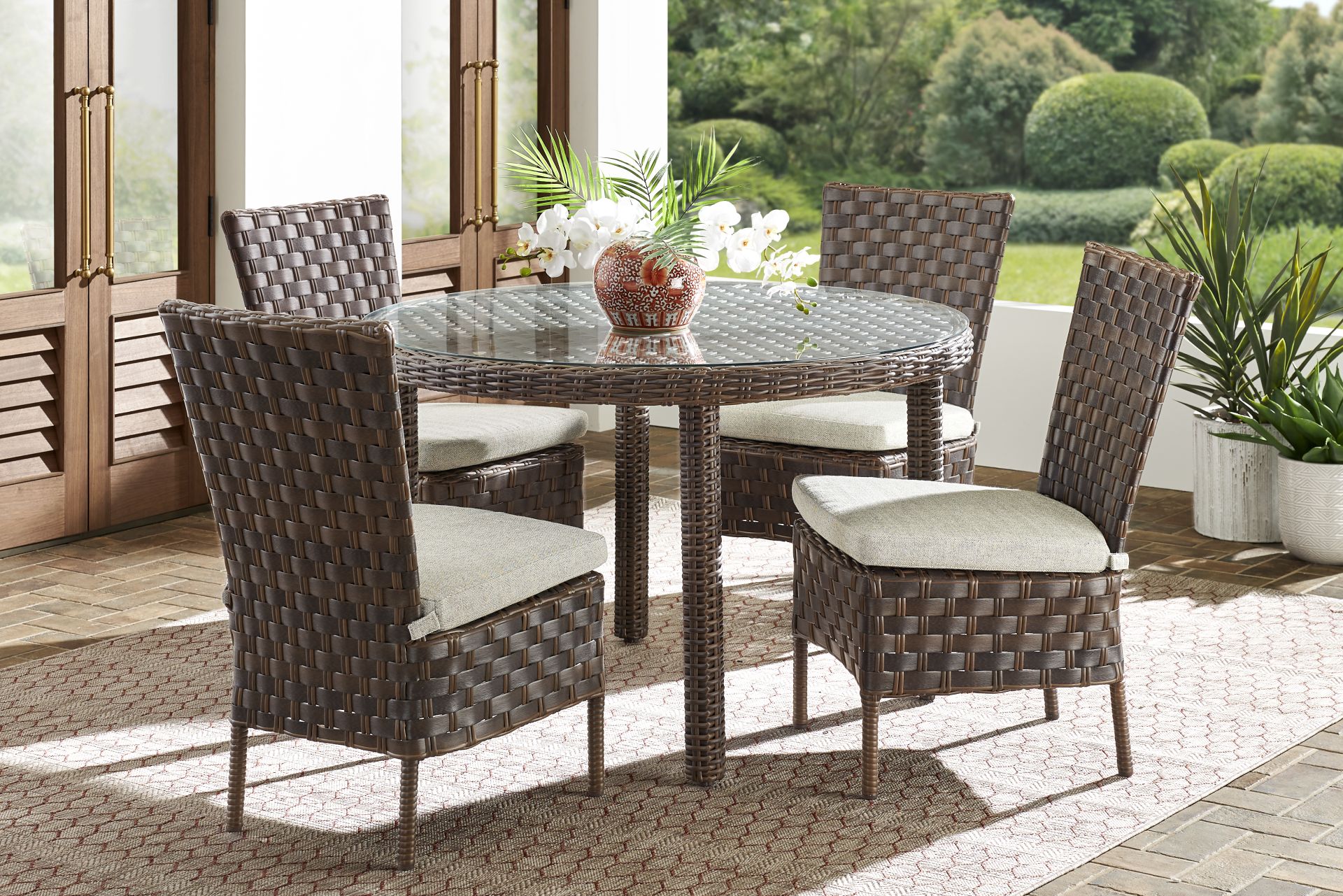 Mantra Brown 5 Pc Round Outdoor Dining Set with Ash Cushions - Image 1
