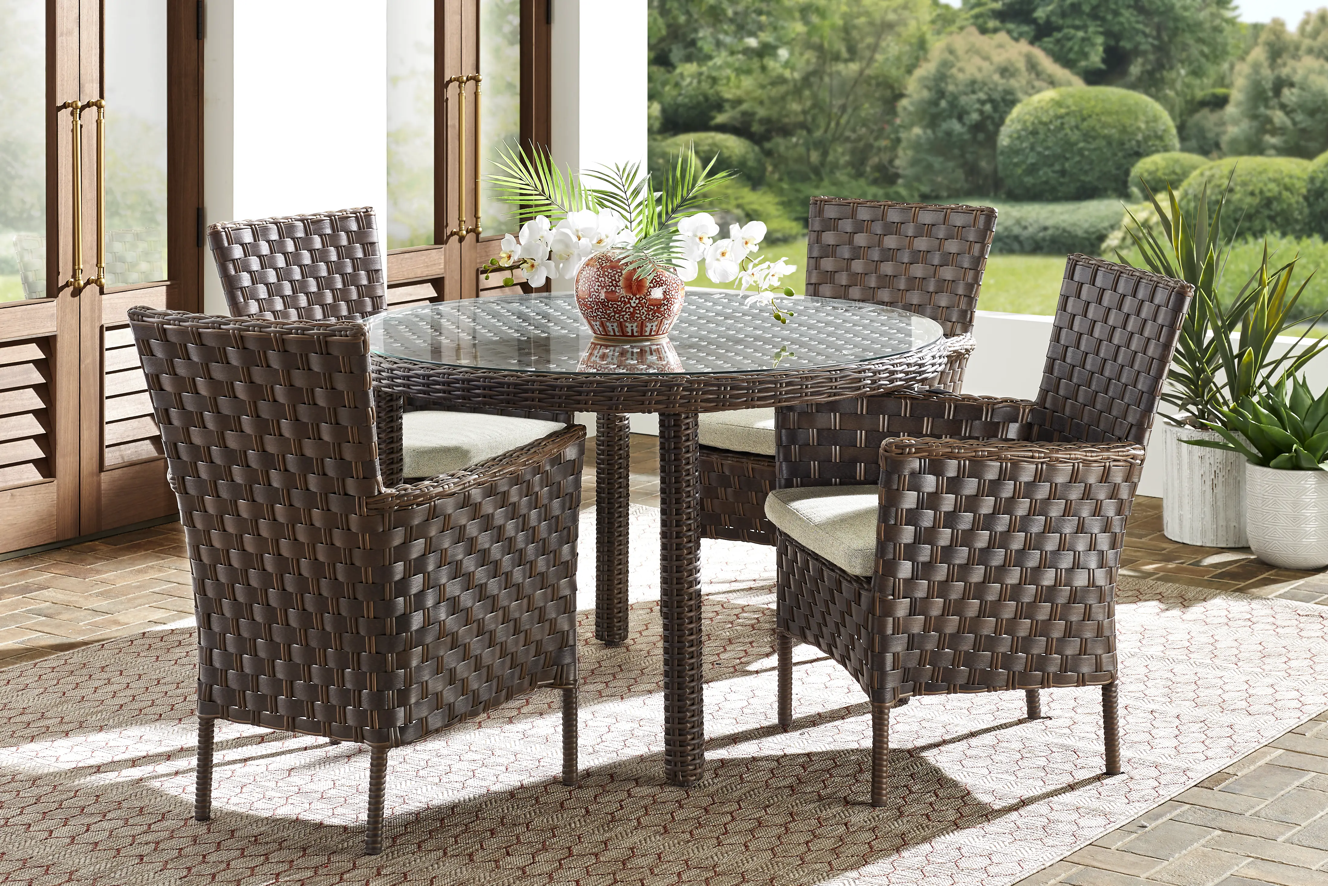 Mantra Brown 5 Pc Round Outdoor Dining Set with Ash Cushions - Thumbnail - Image 1
