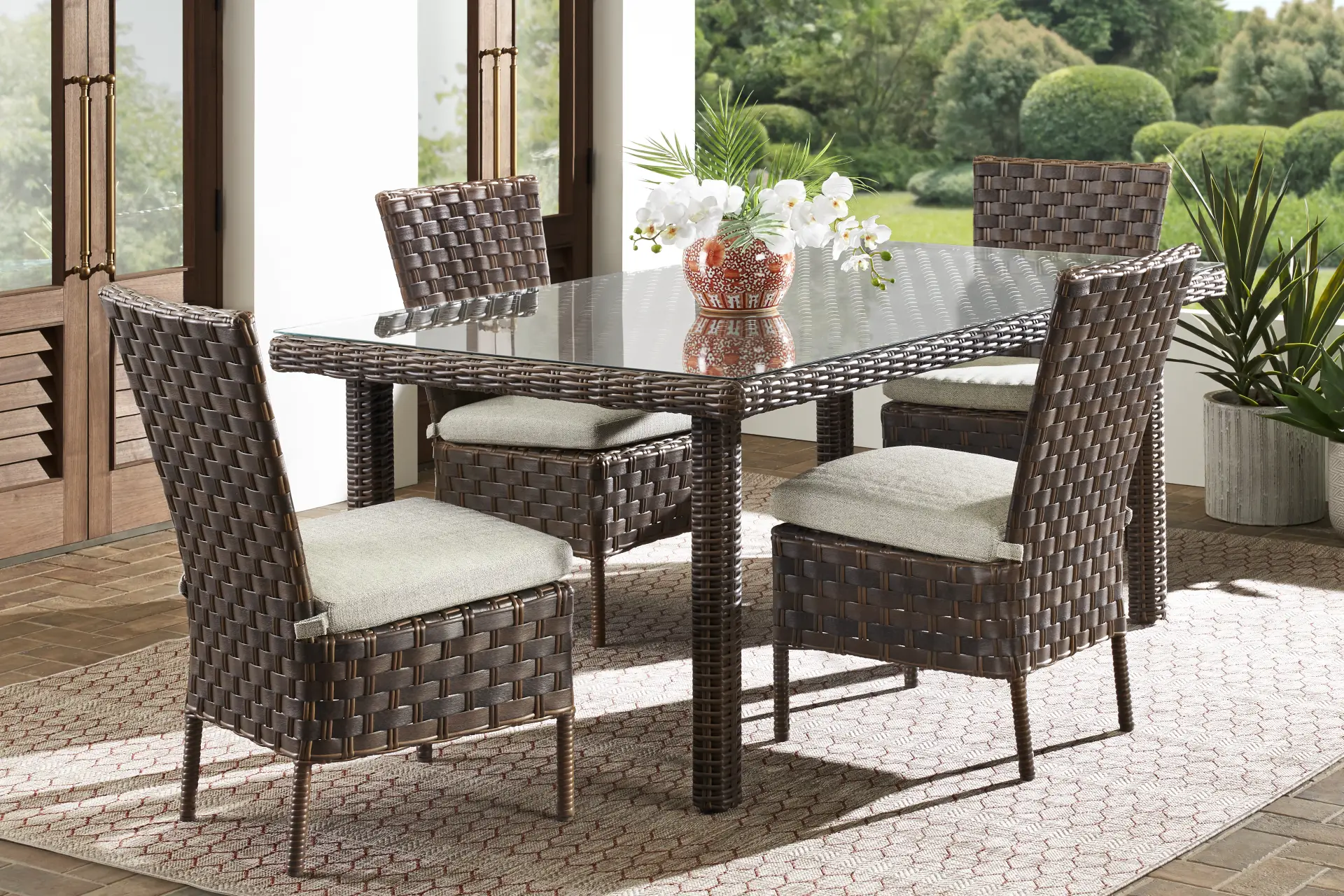 Mantra Brown 5 Pc Outdoor Dining Set with Ash Cushions full room
