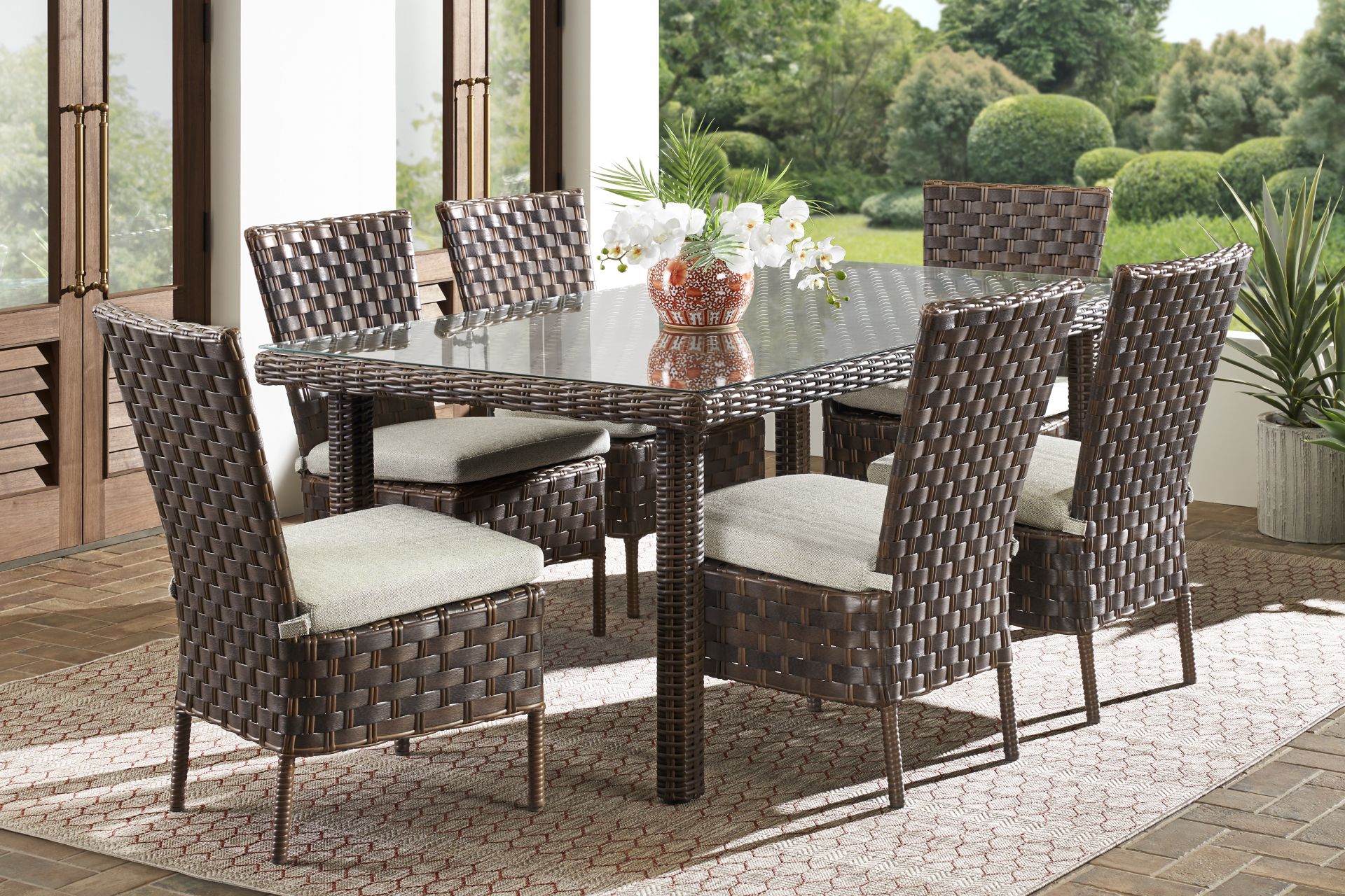 Mantra Brown 7 Pc Outdoor Dining Set with Ash Cushions - Image 1