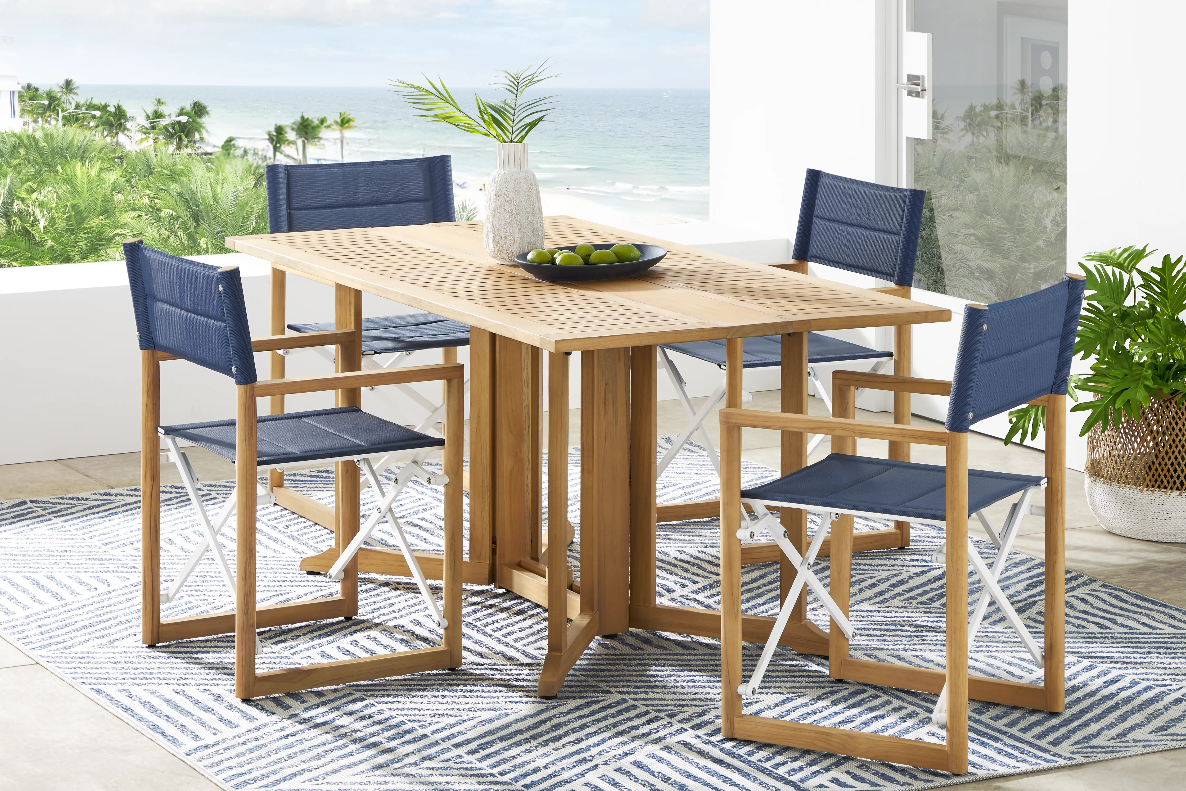 Oscar Natural 5 Pc Folding Outdoor Dining Set with Blue Chairs - Thumbnail - Image 1
