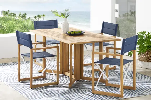 Oscar Natural 5 Pc Folding Outdoor Dining Set with Blue Chairs