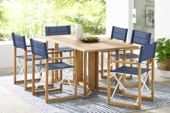 Oscar Natural 7 Pc Folding Outdoor Dining Set with Blue Chairs