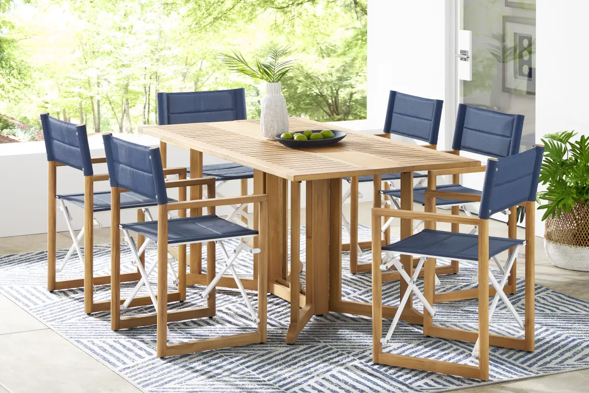 Oscar Natural 7 Pc Folding Outdoor Dining Set with Blue Chairs