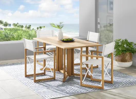 Oscar Natural 5 Pc Folding Outdoor Dining Set with White Chairs