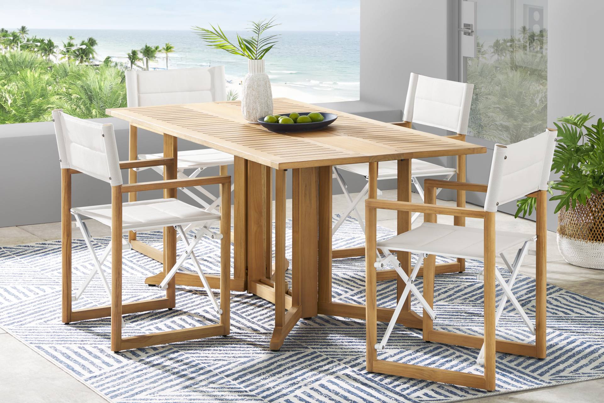 Oscar Natural 5 Pc Folding Outdoor Dining Set with White Chairs full room