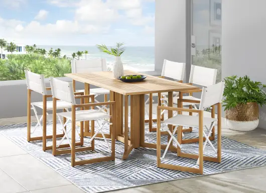Oscar Natural 7 Pc Folding Outdoor Dining Set with White Chairs
