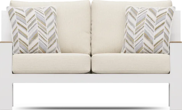 Solana White Outdoor Loveseat with Bisque Cushions