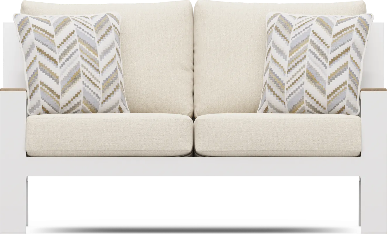 Solana White Outdoor Loveseat with Bisque Cushions