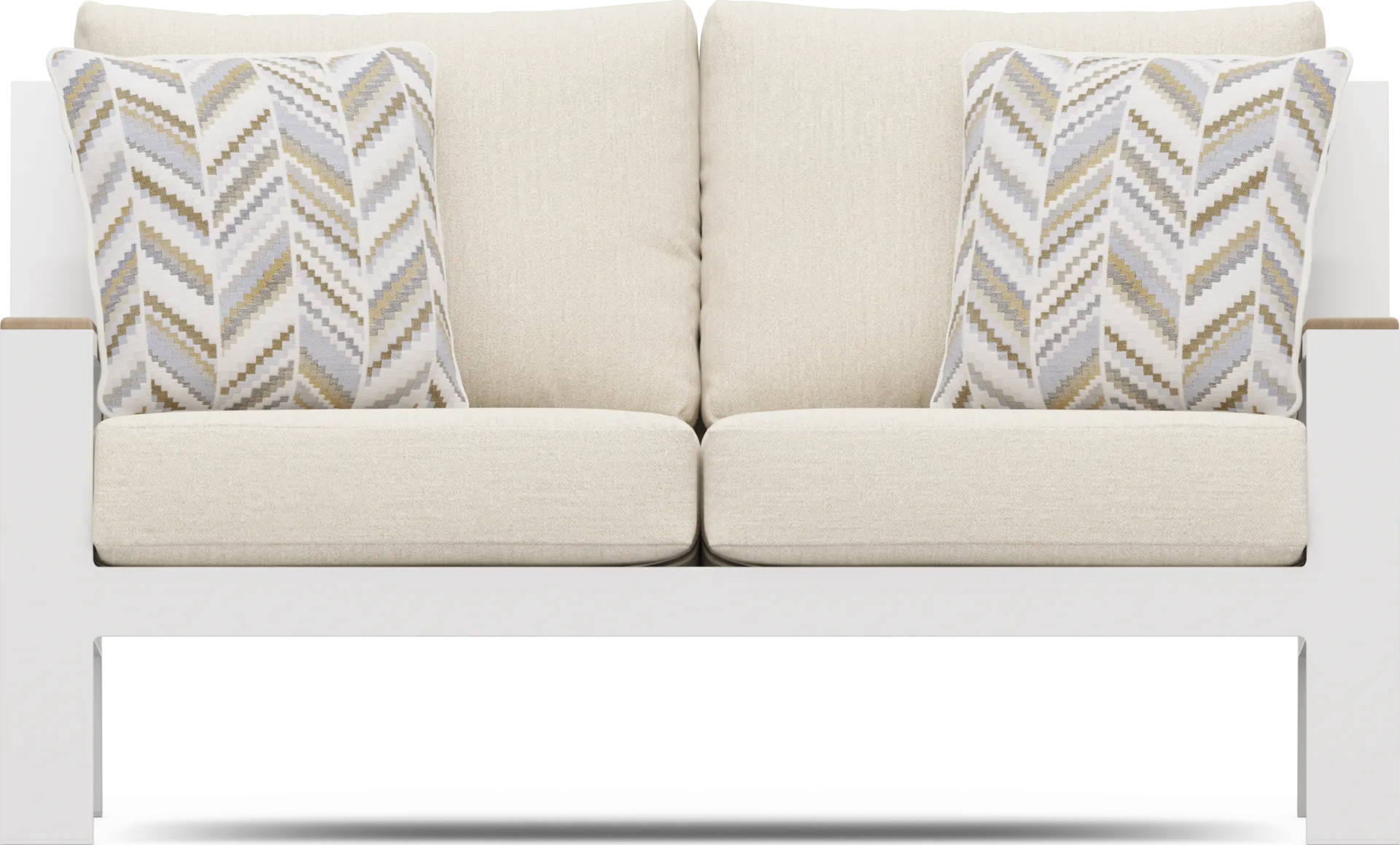 Solana White Outdoor Loveseat with Bisque Cushions - Image 1