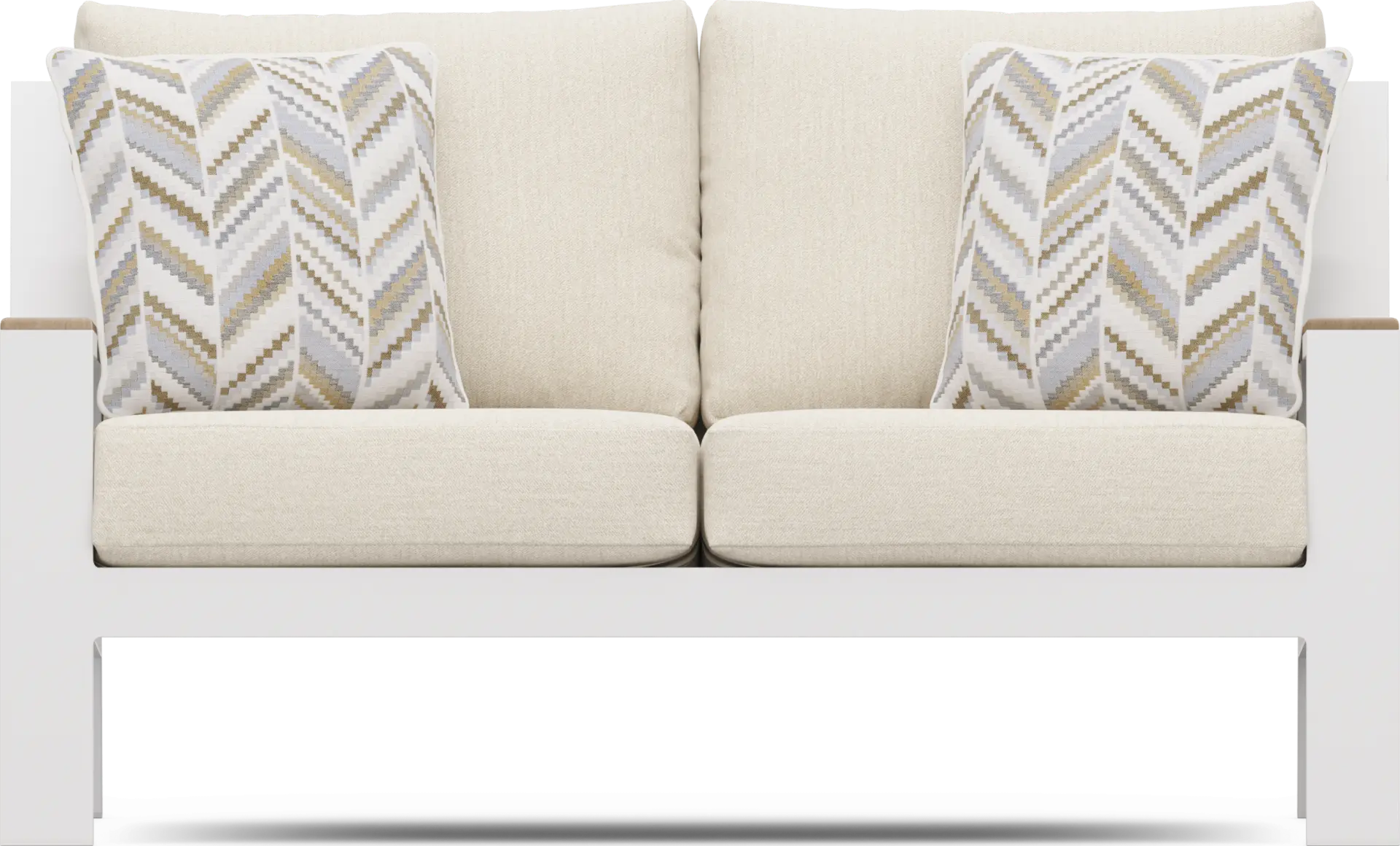 Solana White Outdoor Loveseat with Bisque Cushions