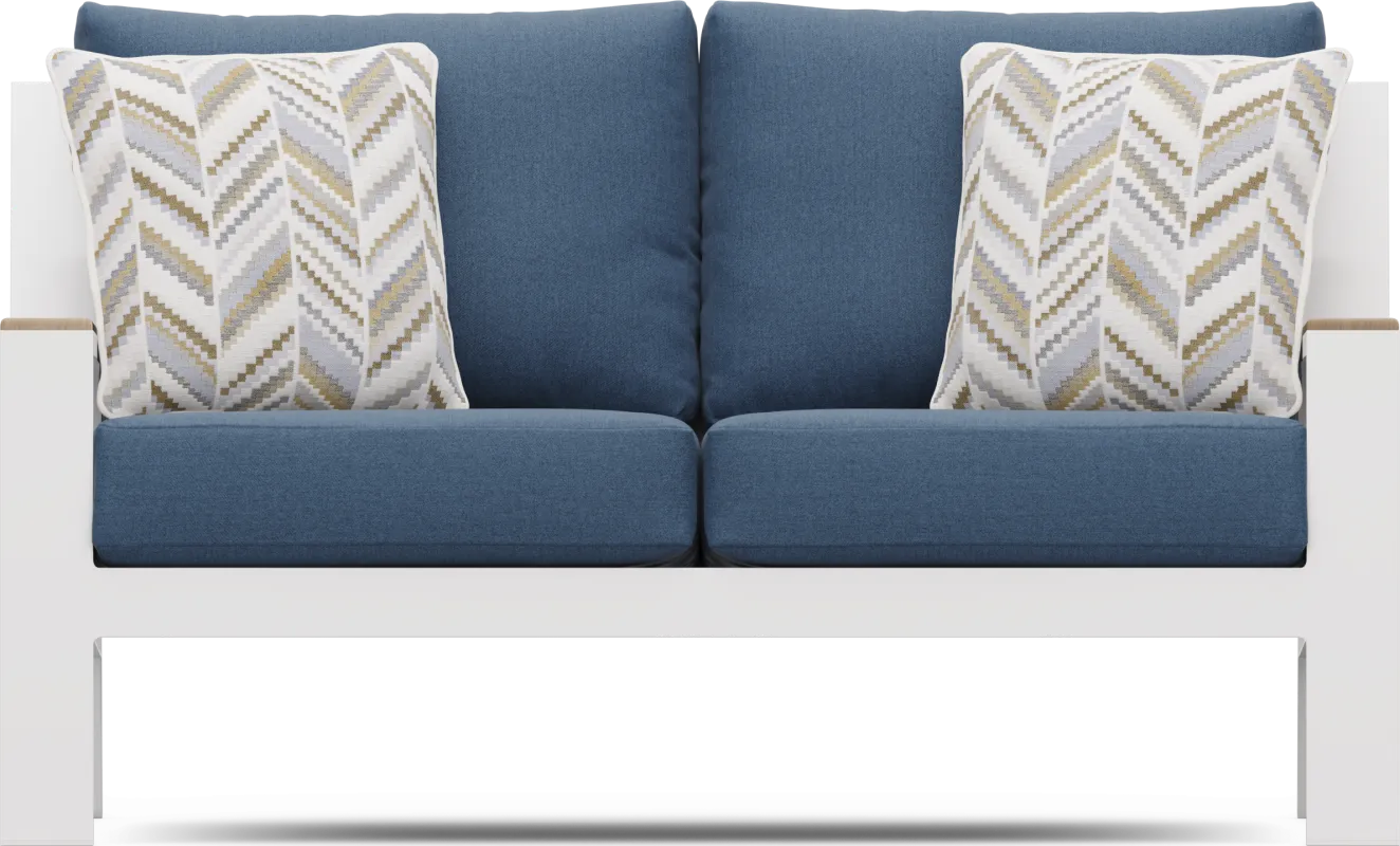 Solana White Outdoor Loveseat with Blueberry Cushions