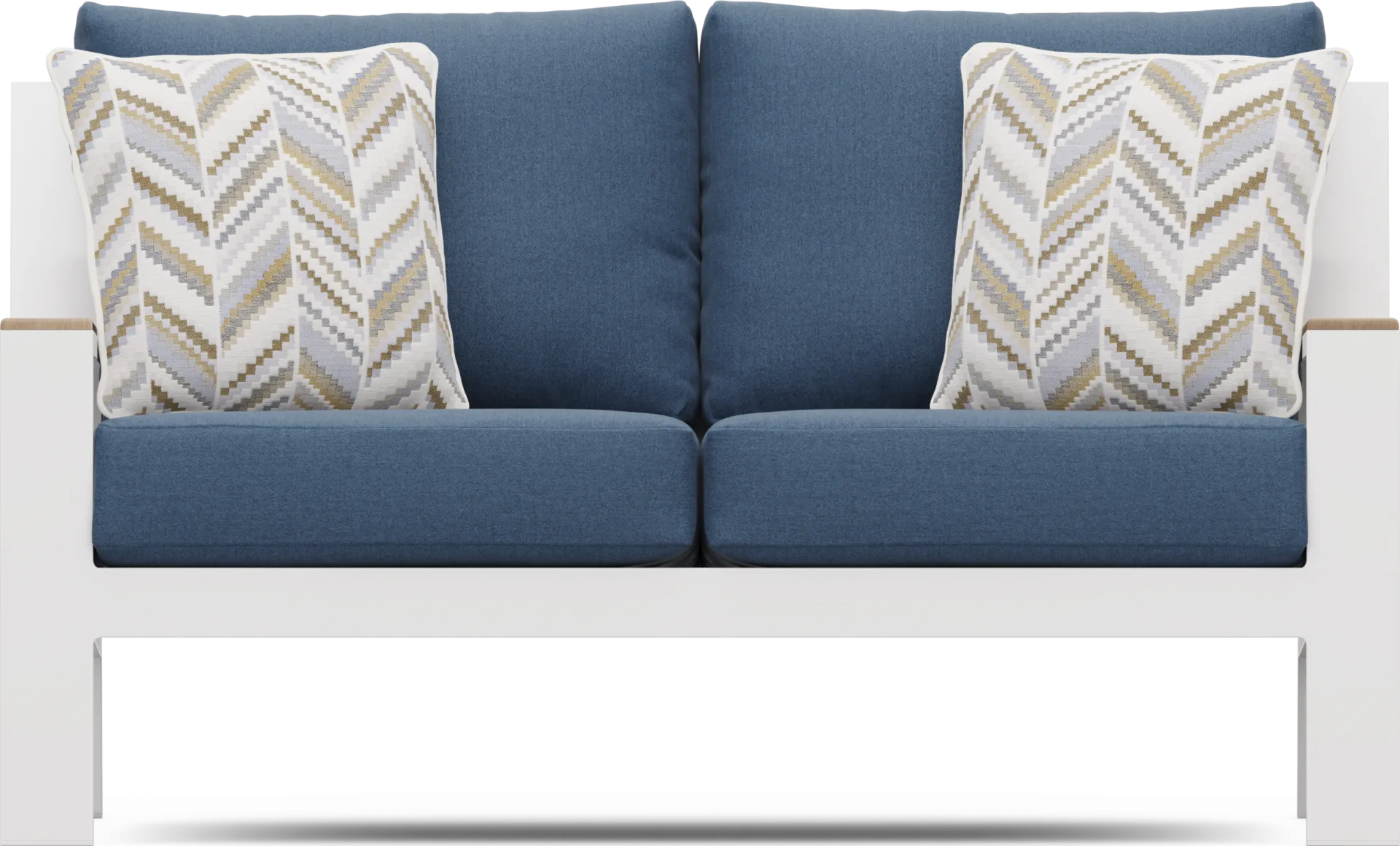 Solana White Outdoor Loveseat with Blueberry Cushions - Image 1