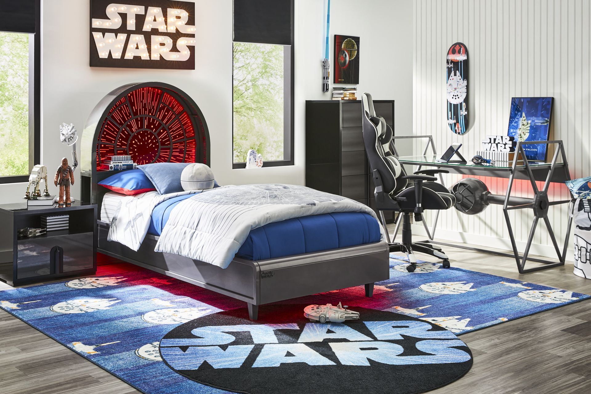 Star Wars Black Lighted Bedroom with Millennium Falcon Lightspeed Carbonite Twin Platform Bed - Image 2