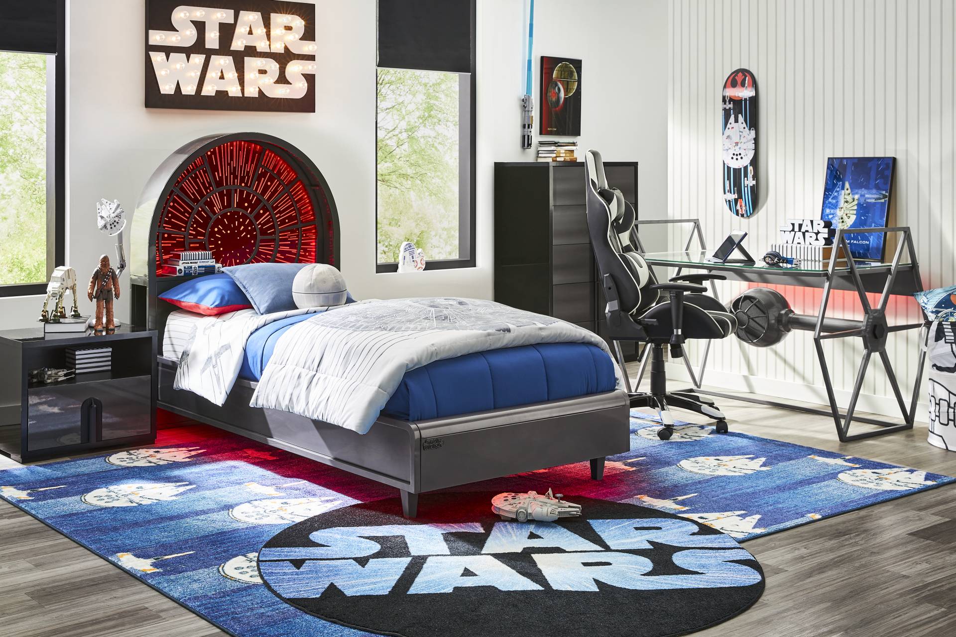 Star Wars Black Bedroom with Millennium Falcon Lightspeed Carbonite Twin Platform Bed full room