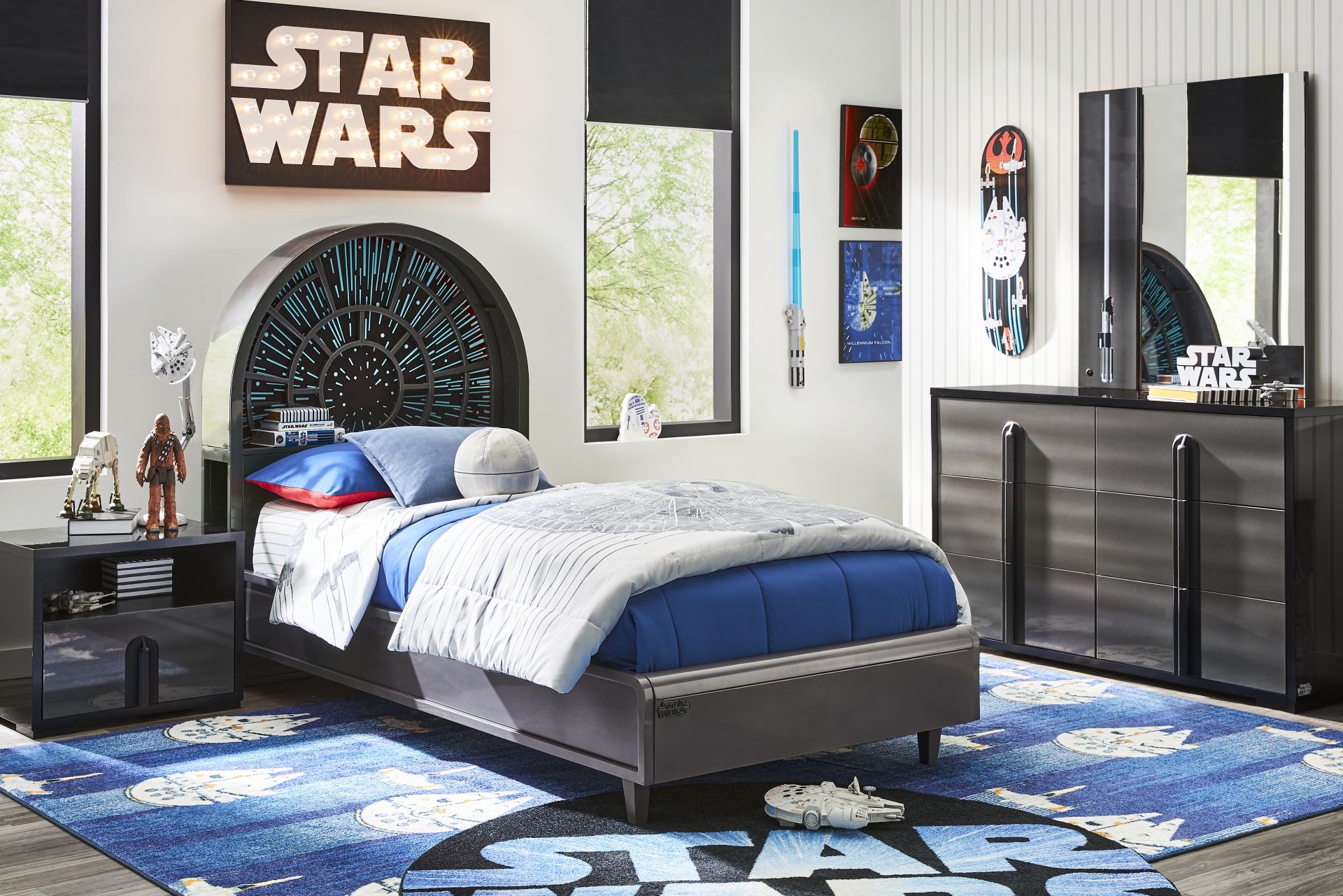 Star Wars Black Lighted Bedroom with Millennium Falcon Lightspeed Carbonite Twin Platform Bed - Image 1