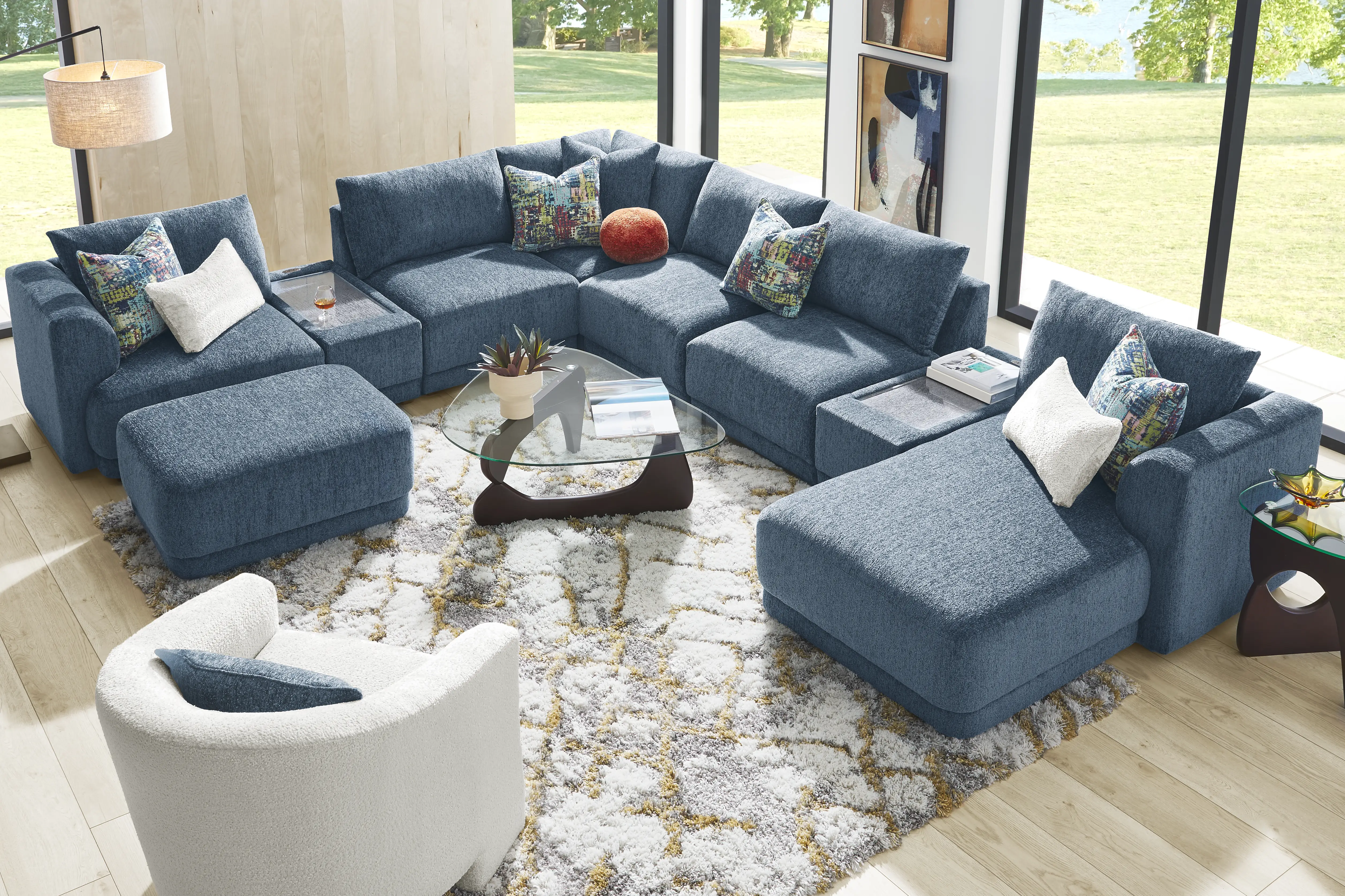 Drew & Jonathan Modularfour Navy Blue Chenille Fabric Swivel Chair