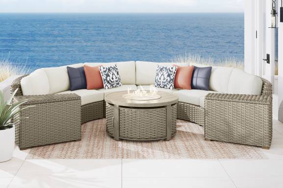 Siesta Key Driftwood Finish 5 Pc Outdoor Curved Sectional with Desert Cushions