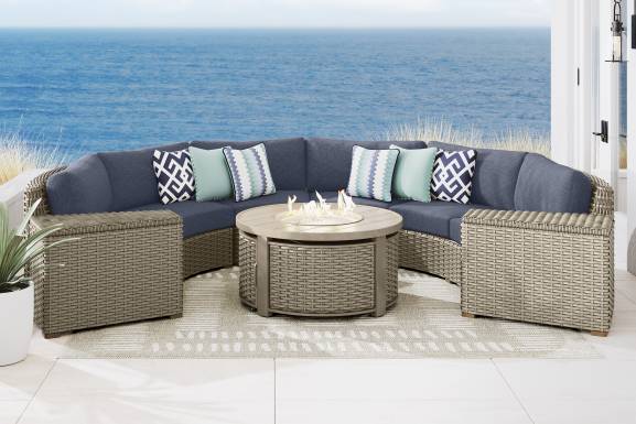 Siesta Key Driftwood Finish 5 Pc Outdoor Curved Sectional with Ink Cushions