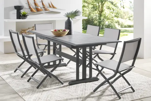Kellen Charcoal 7 Pc Outdoor Extension Dining Set with Folding Chairs