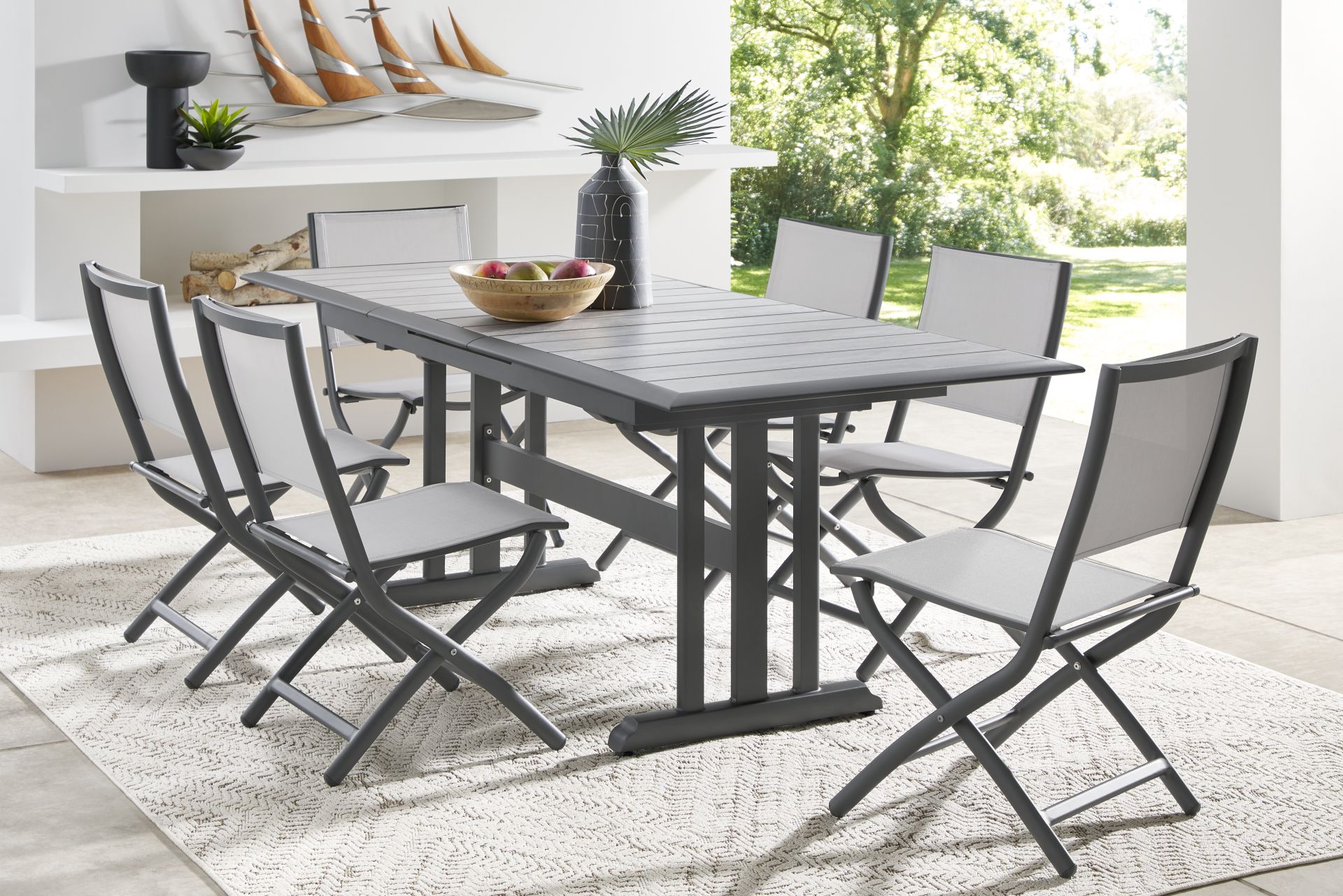 Kellen Charcoal 7 Pc Outdoor Extension Dining Set with Folding Chairs - Image 1