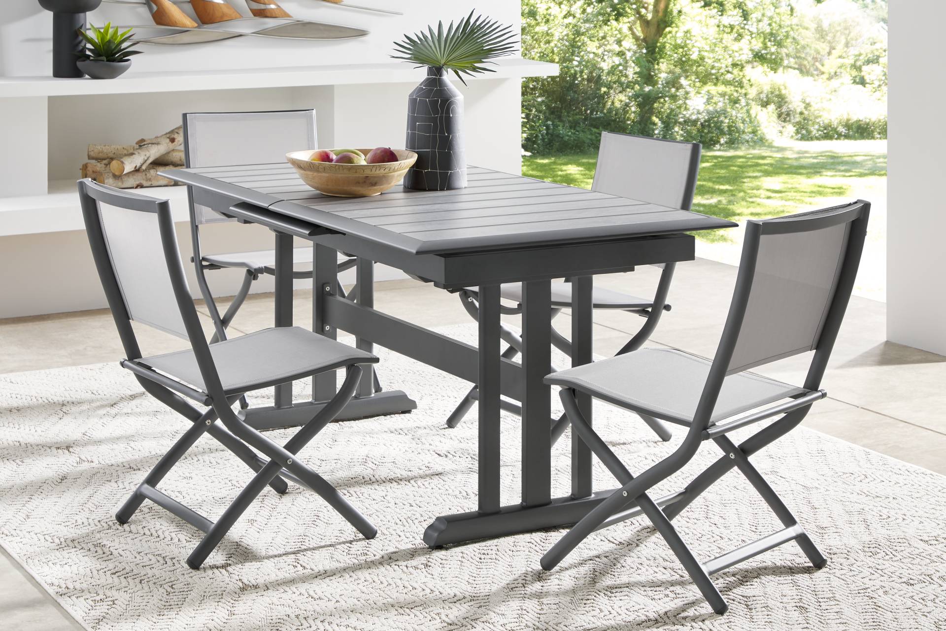 Kellen Charcoal 5 Pc Outdoor Extension Dining Set with Folding Chairs full room