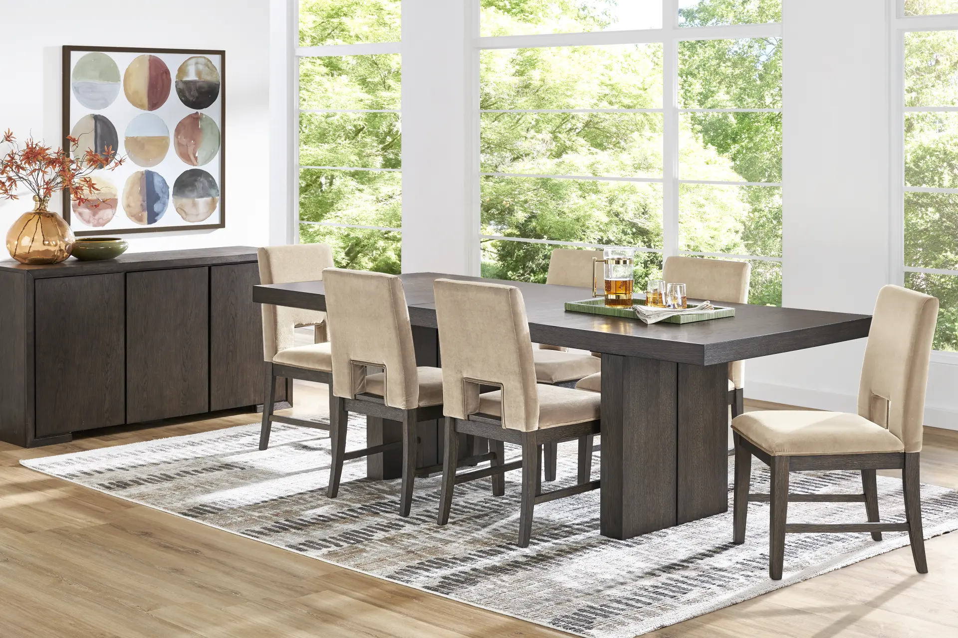 Angelica Brown 7 Pc Dining Room with Tan Side Chairs