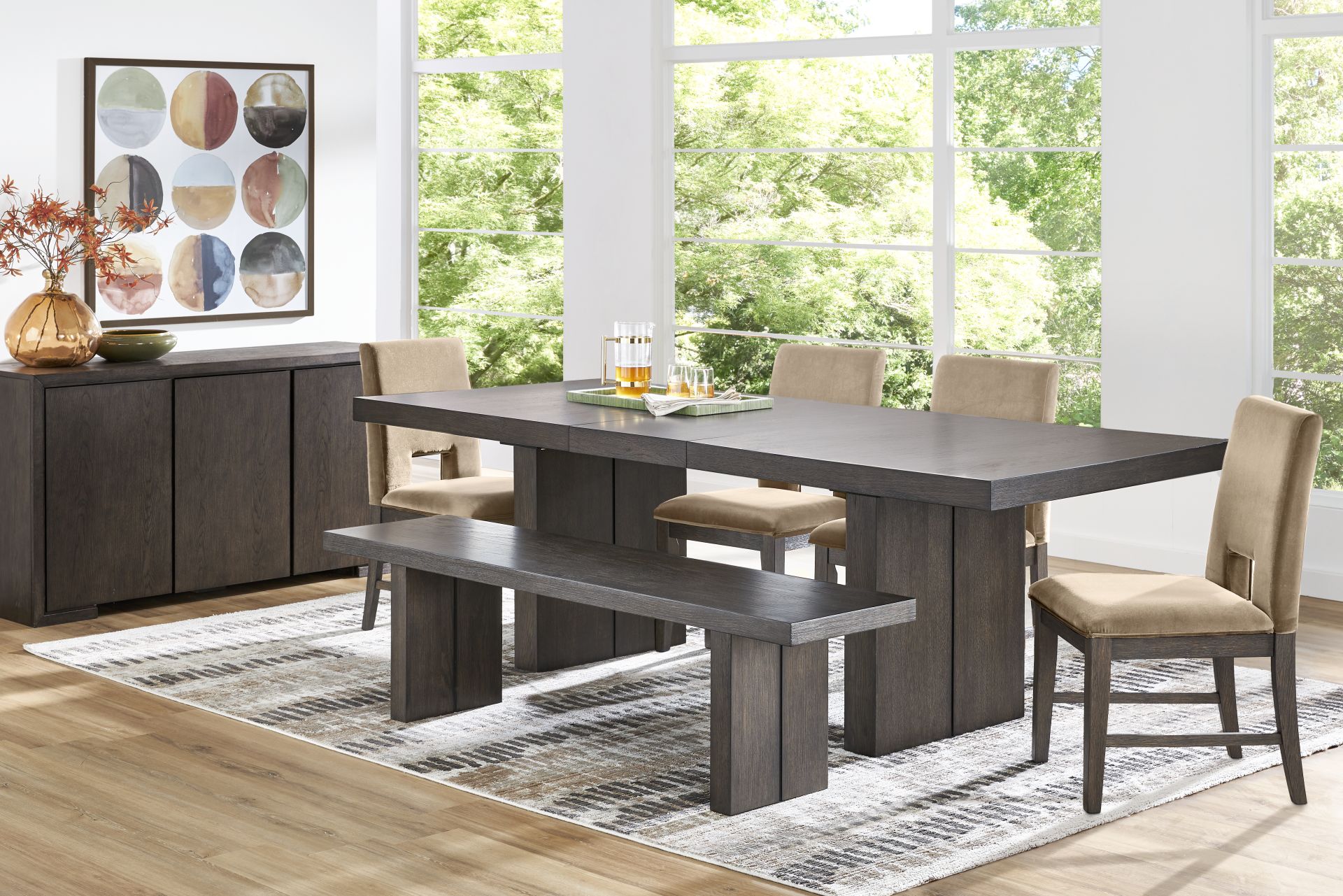 Angelica Brown 6 Pc Dining Room with Tan Side Chairs and Bench - Image 1