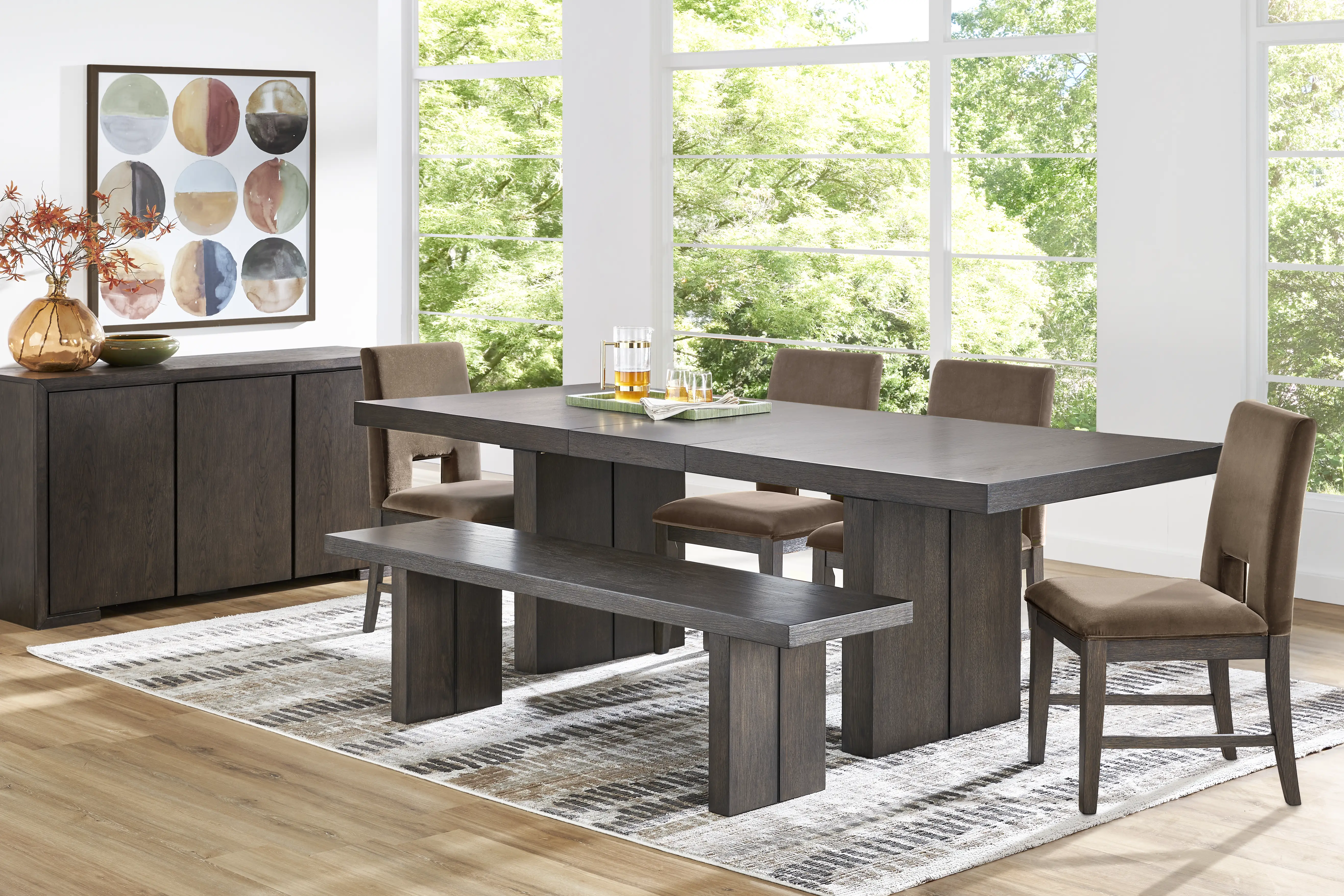 Angelica Brown 6 Pc Dining Room with Mink Side Chairs and Bench - Thumbnail - Image 1