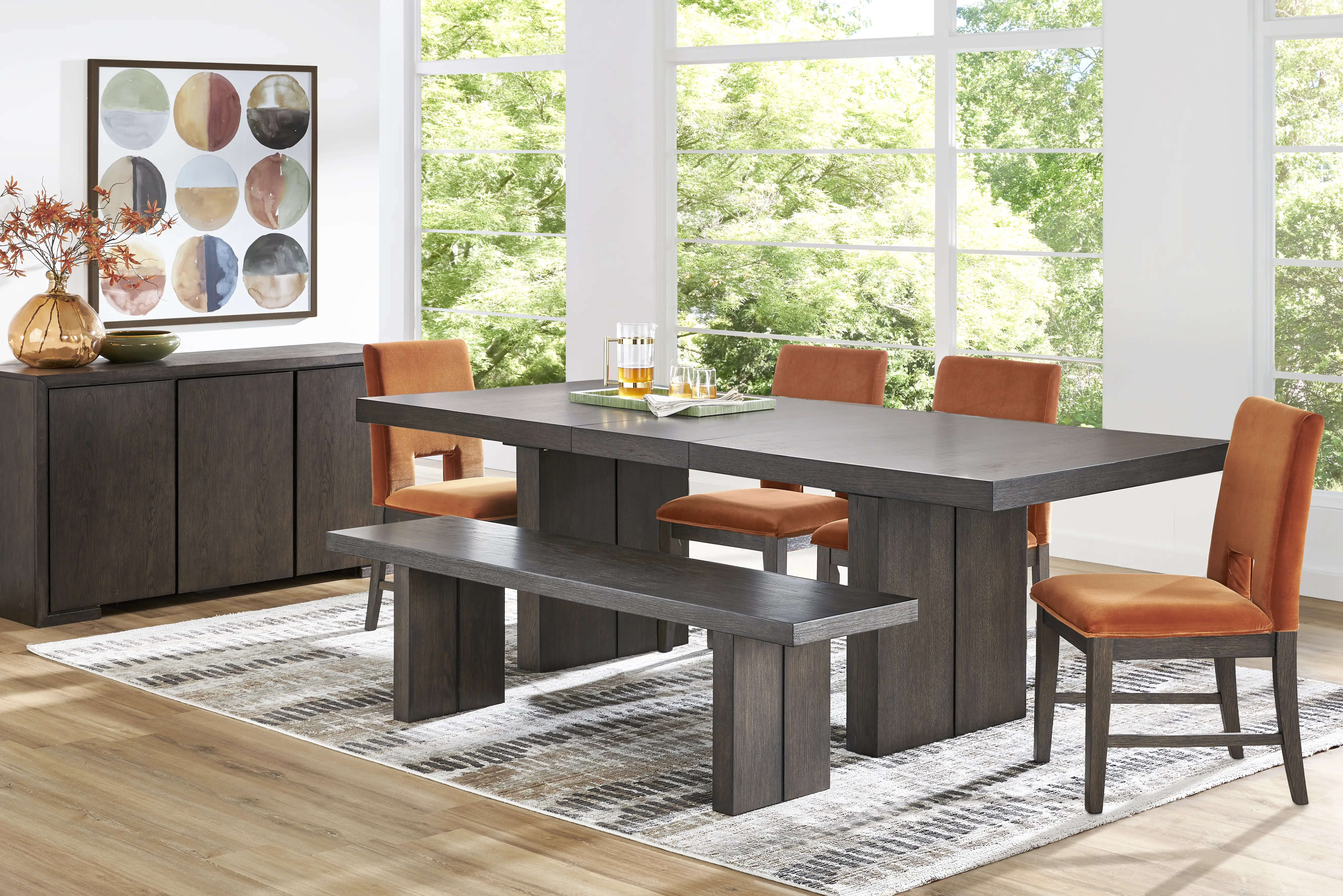 Angelica Brown 6 Pc Dining Room with Orange Side Chairs and Bench - Thumbnail - Image 1