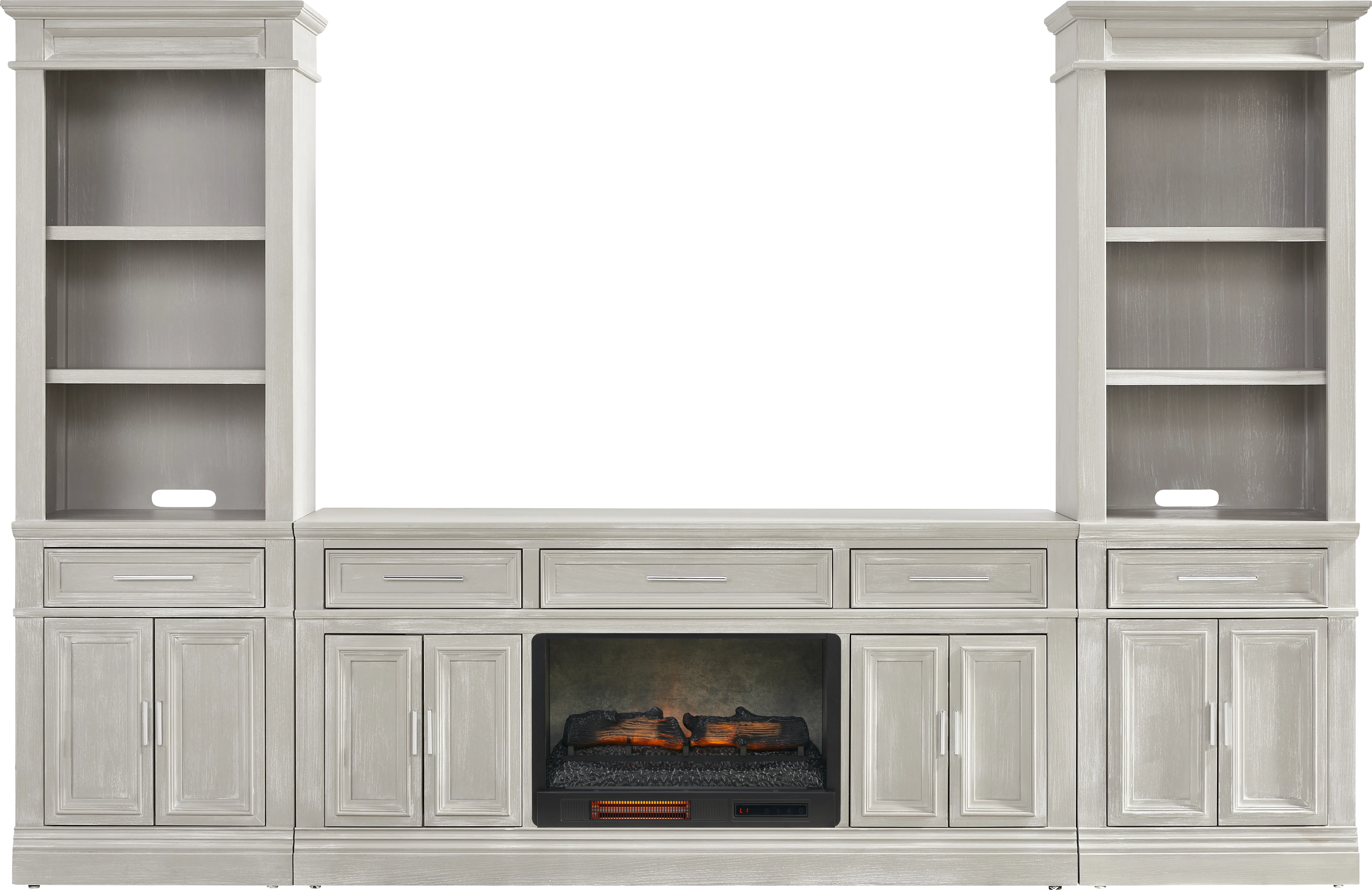 Stephenson Light Gray 4 Pc Wall Unit with 70 in. Console and Electric Log Fireplace - Thumbnail - Image 1