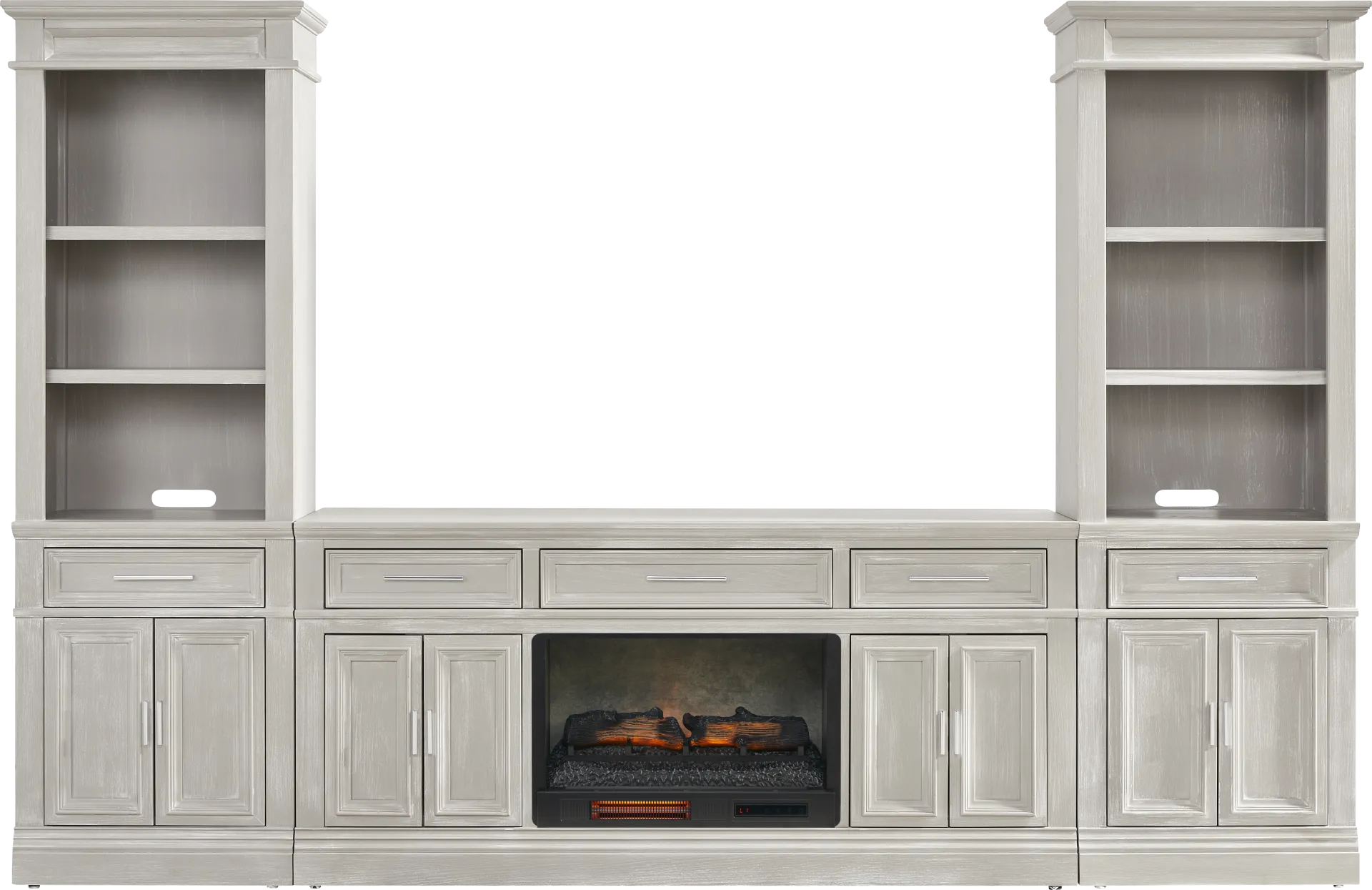 Stephenson Light Gray 4 Pc Wall Unit with 70 in. Console and Electric Log Fireplace - Image 1