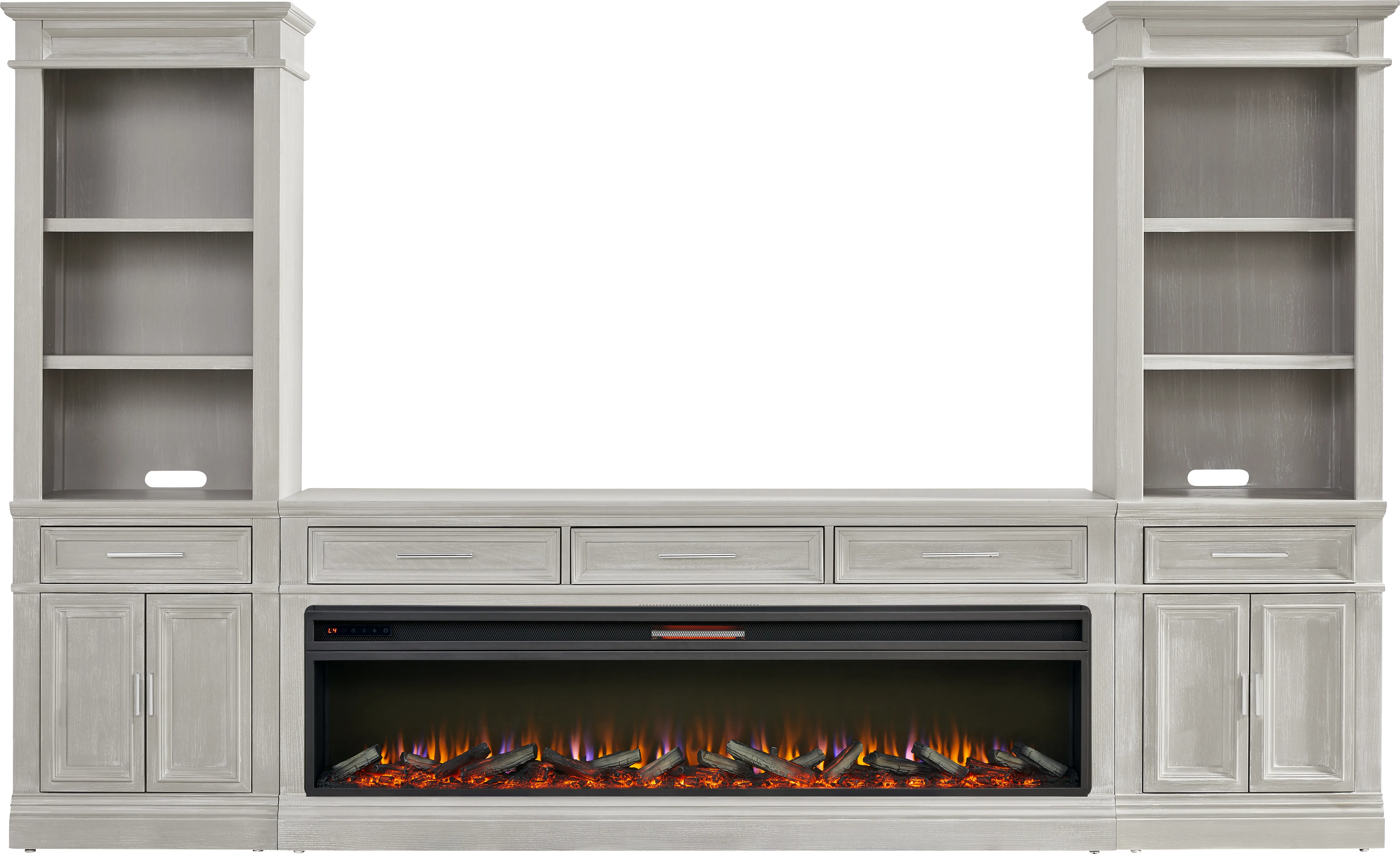 Stephenson Light Gray 4 Pc Wall Unit with 78 in. Console and Electric Log Fireplace - Thumbnail - Image 1
