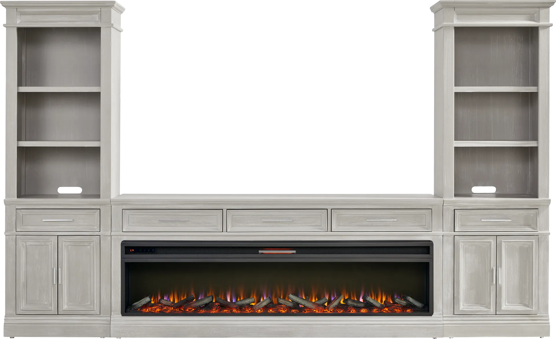 Stephenson Light Gray 4 Pc Wall Unit with 78 in. Console and Electric Log Fireplace - Image 1