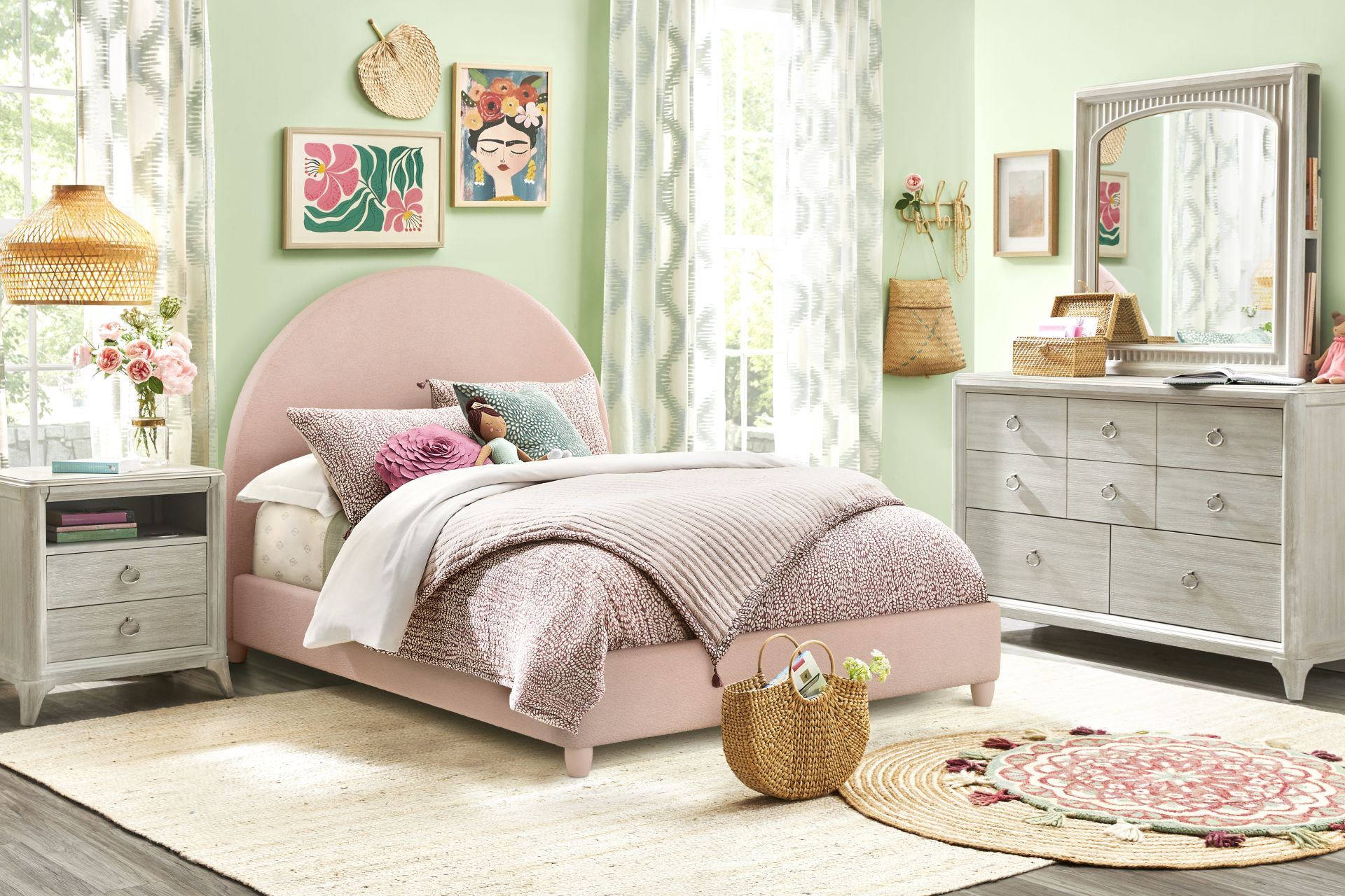 Kids Canyon Lake Ash Gray Bedroom with Moonstone Pink Full Upholstered Bed - Image 1